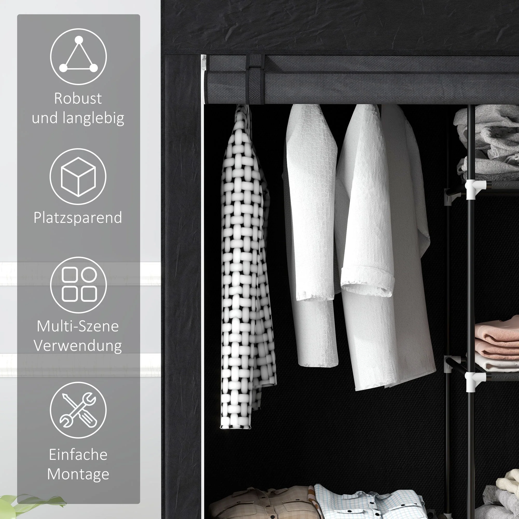 Fabric Wardrobe Folding 6-Compartment 103x43x162.5cm Non-Woven Black - Image 6