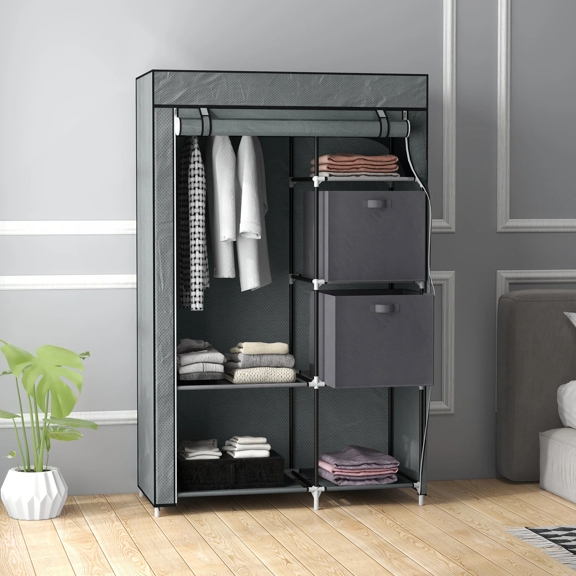 Fabric Wardrobe, Folding with Drawers & Clothes Rail, Dark Grey Non-Woven Fabric - Image 2