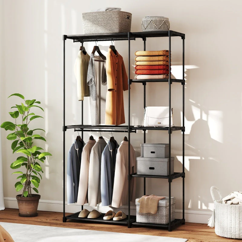 Fabric Wardrobe with Clothes Rail & Shelves 111x43x185 cm - Black - Image 8