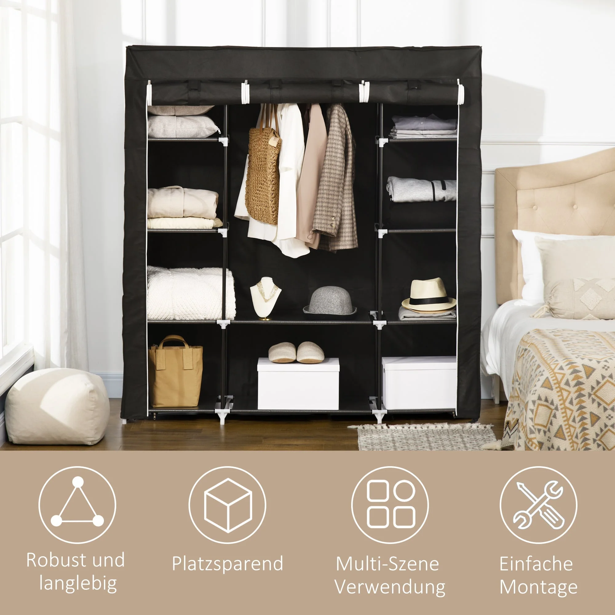 Fabric Wardrobe, Zippered 1 Clothes Rail 10 Shelves, Nonwoven Fabric - Image 6