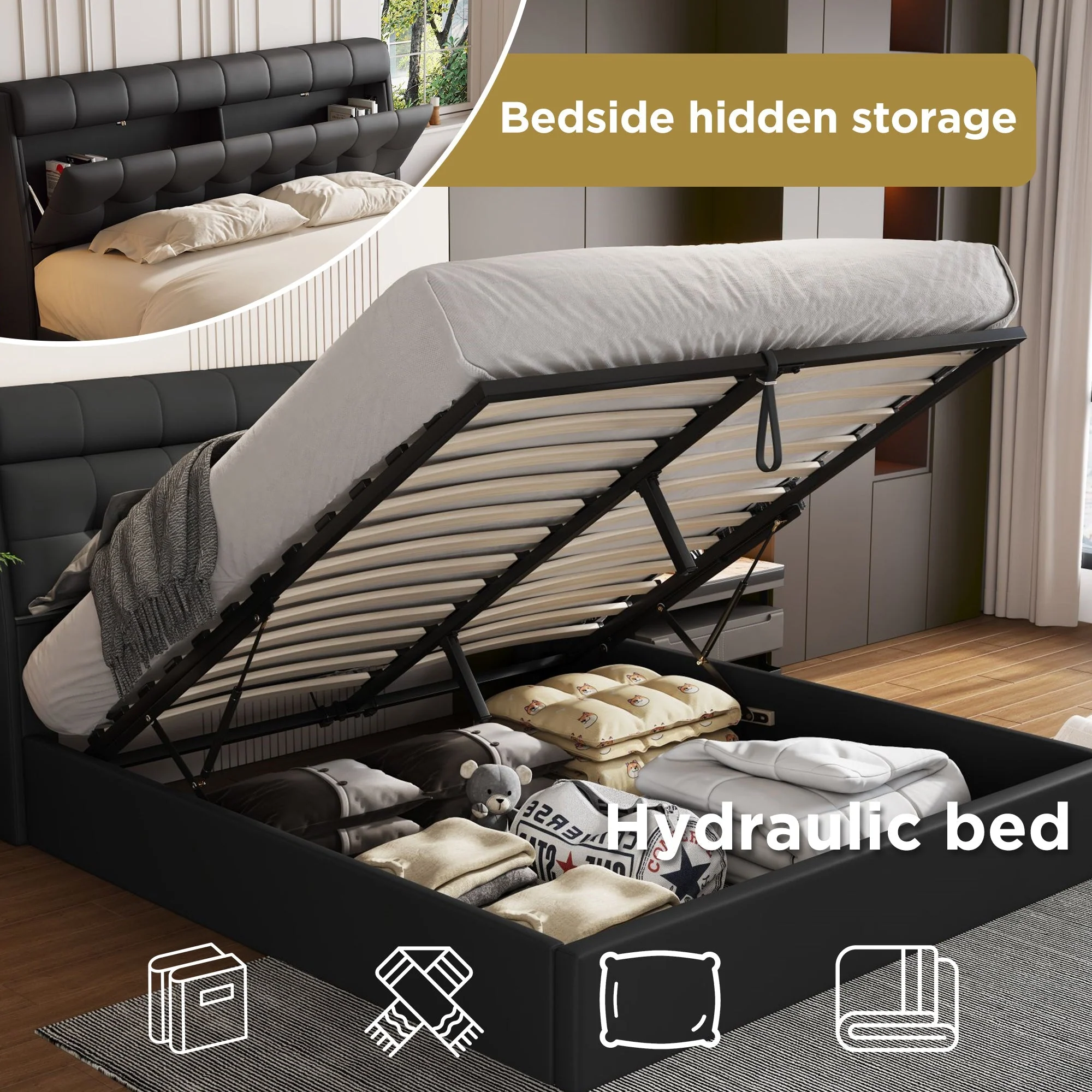 Fashion Upholstered Bed, Double Hydraulic with Storage and Slats, Black PU - Image 7