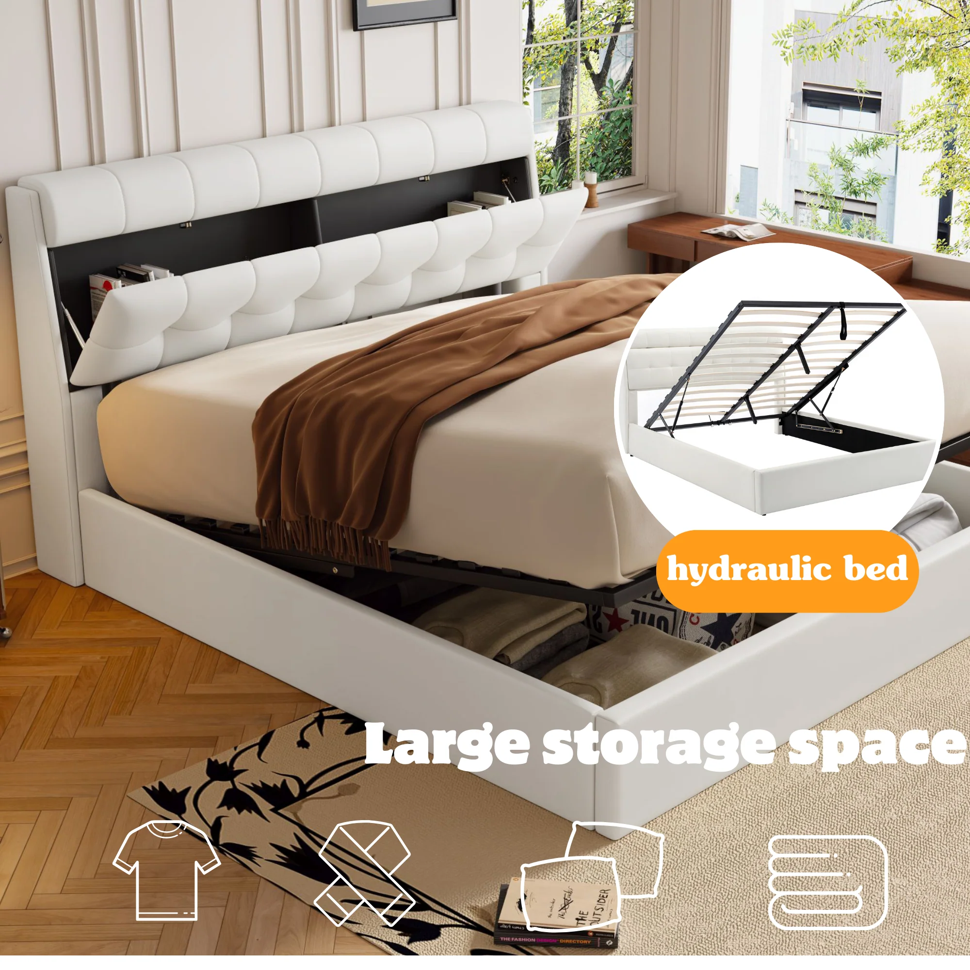 Fashion Upholstered Bed, King Size 150x200cm, Hydraulic with Concealed Headboard Storage, PU, Cream White - Image 2