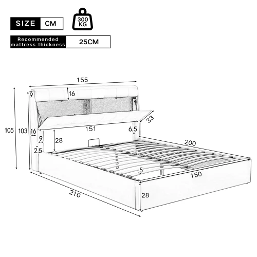 Fashion Upholstered Bed, King Size 150x200cm, Hydraulic with Concealed Headboard Storage, PU, Cream White - Image 6