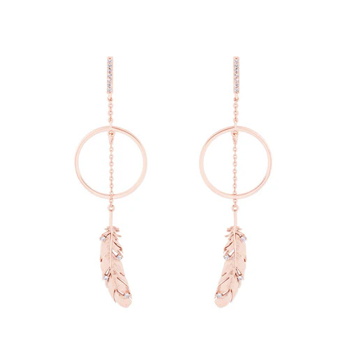 Feather & Circle Long Earrings