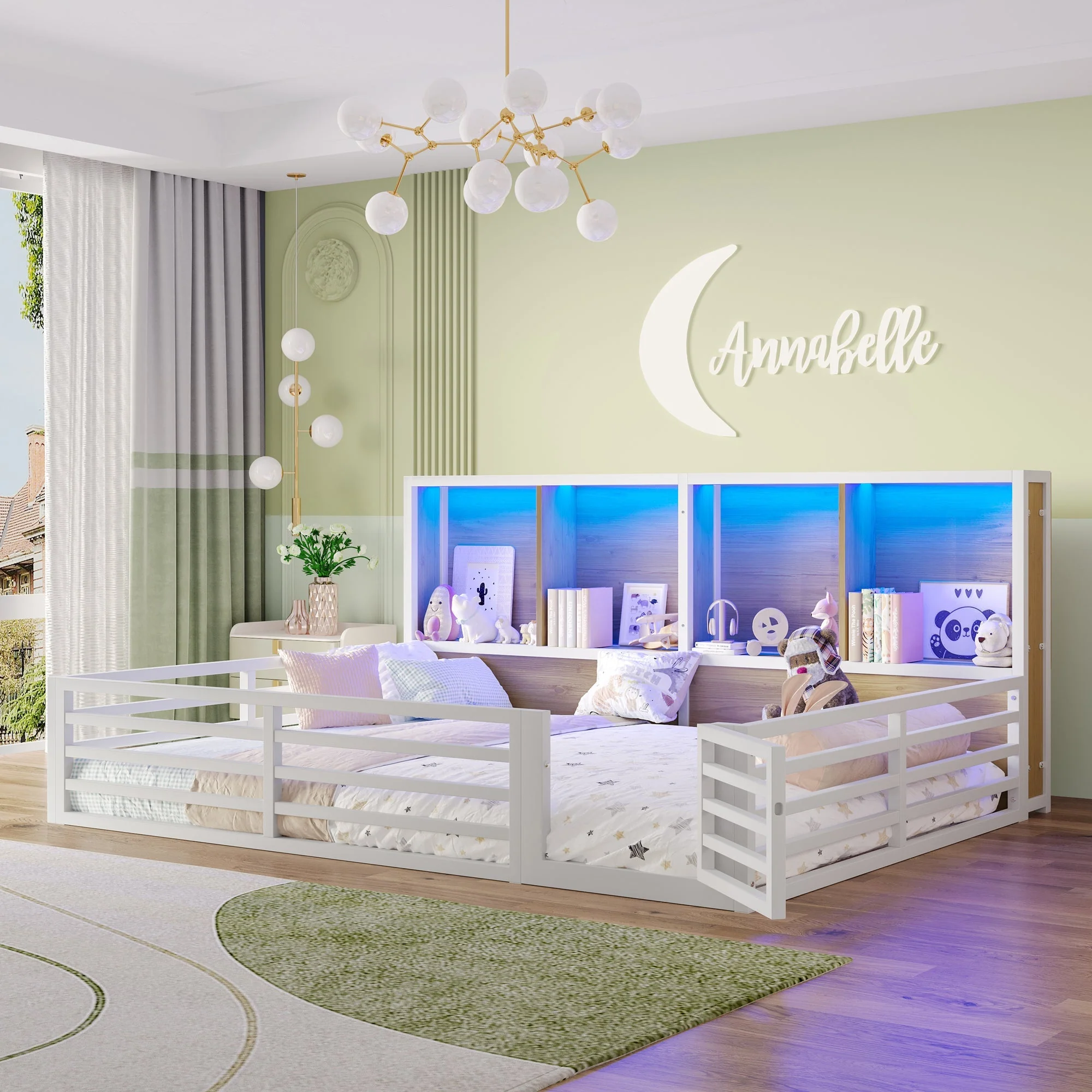 Fence Daybed with Storage Compartment and Railing, 140 x 200cm, White Metal and MDF - Image 3