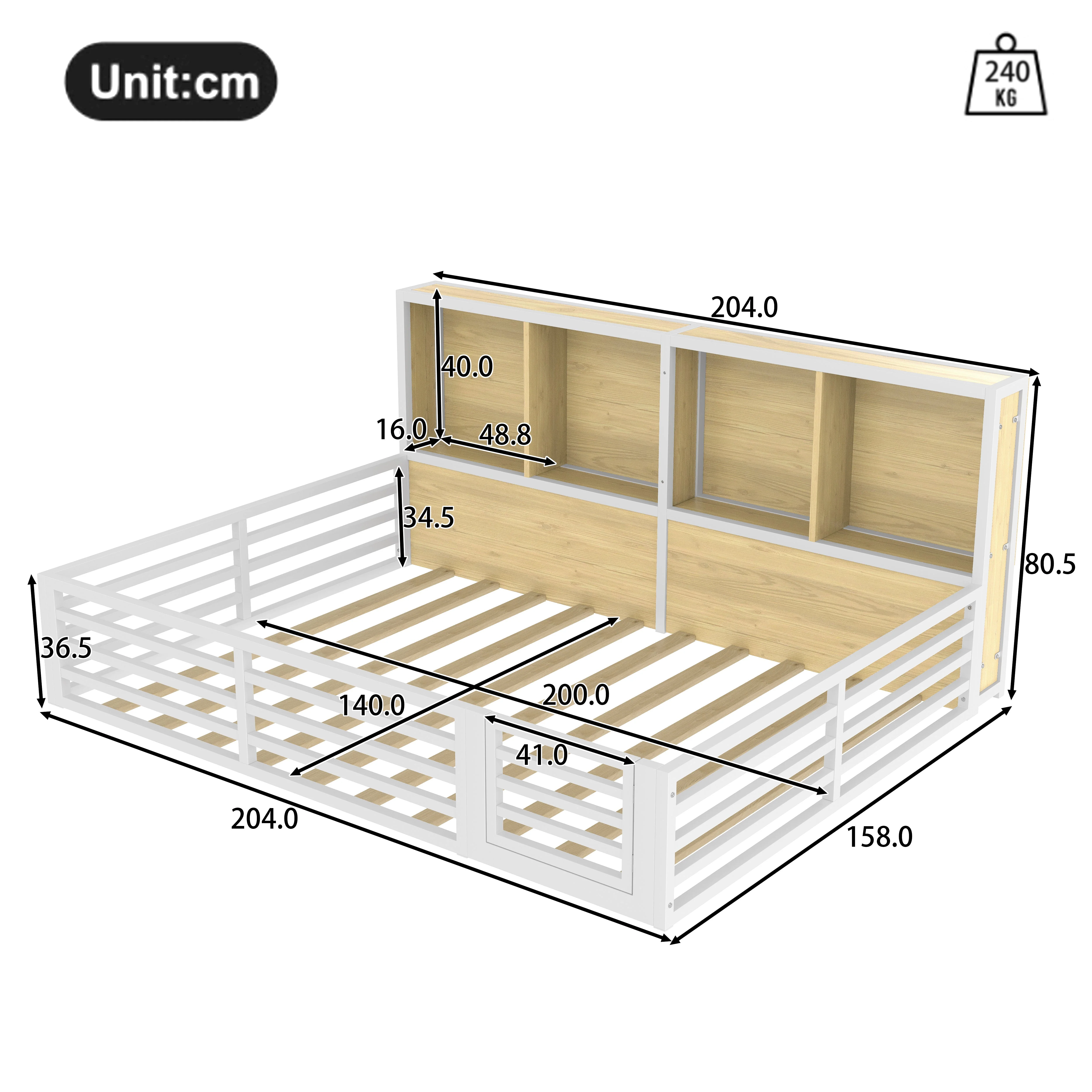 Fence Daybed with Storage Compartment and Railing, 140 x 200cm, White Metal and MDF - Image 6