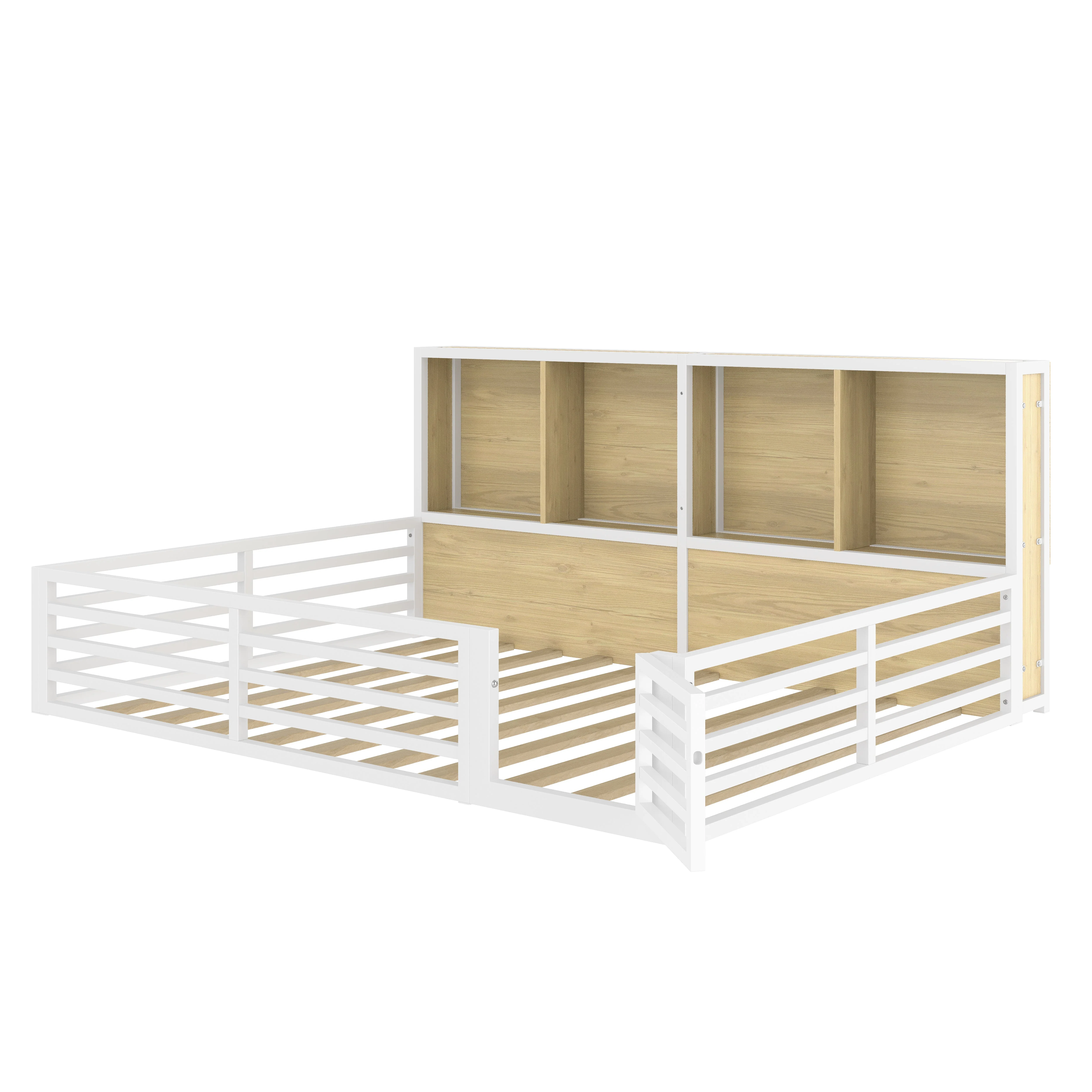 Fence Daybed with Storage Compartment and Railing, 140 x 200cm, White Metal and MDF - Image 8