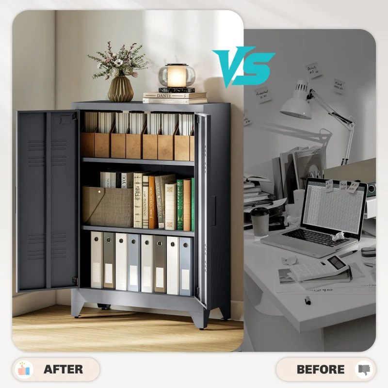 Filing Cabinet with Louvre Doors, Metal with 2 Adjustable Shelves, Grey - Image 8