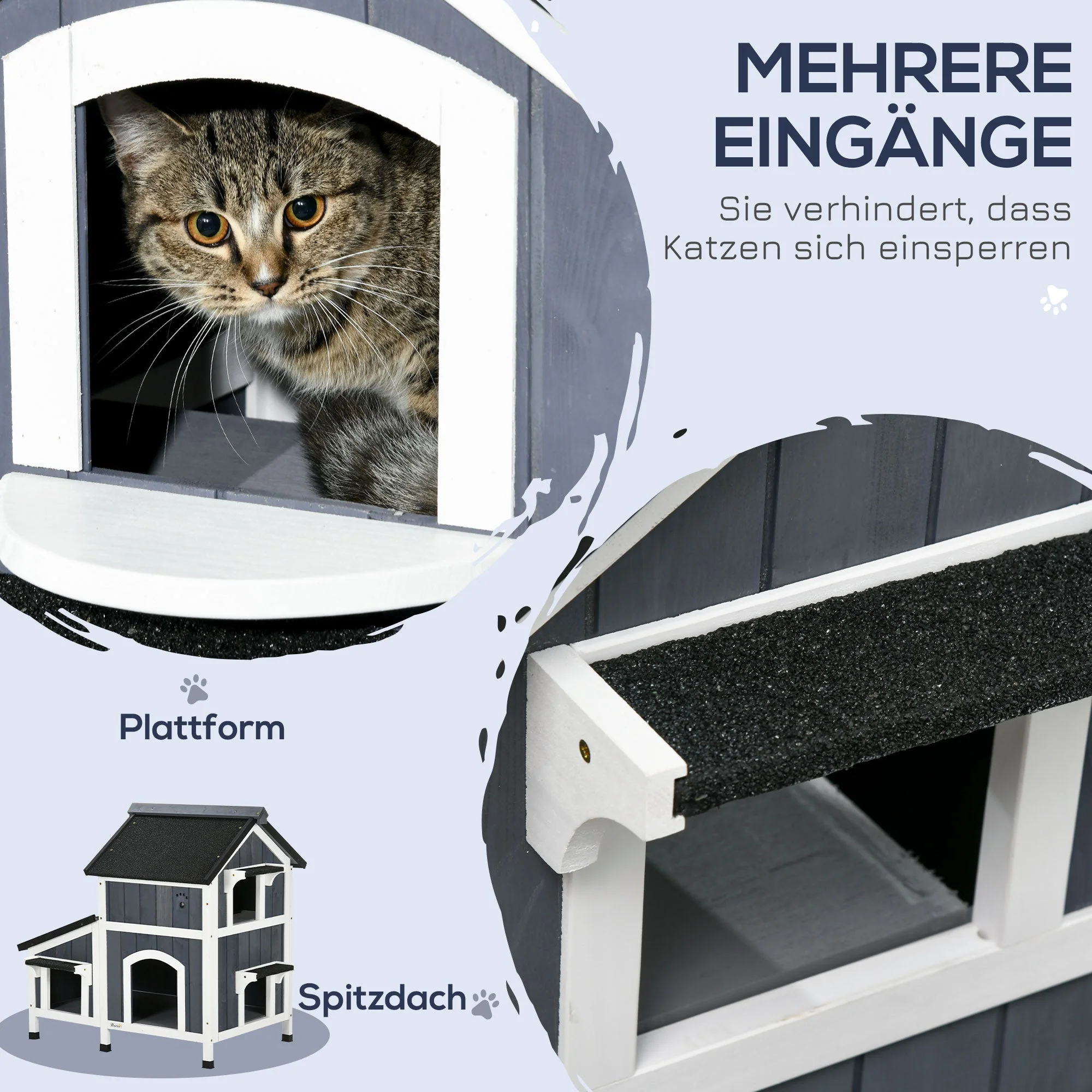 Fir Wood Cat House, 2-Level Multi-Entrance Cat Hut with Asphalt Roof - Image 6
