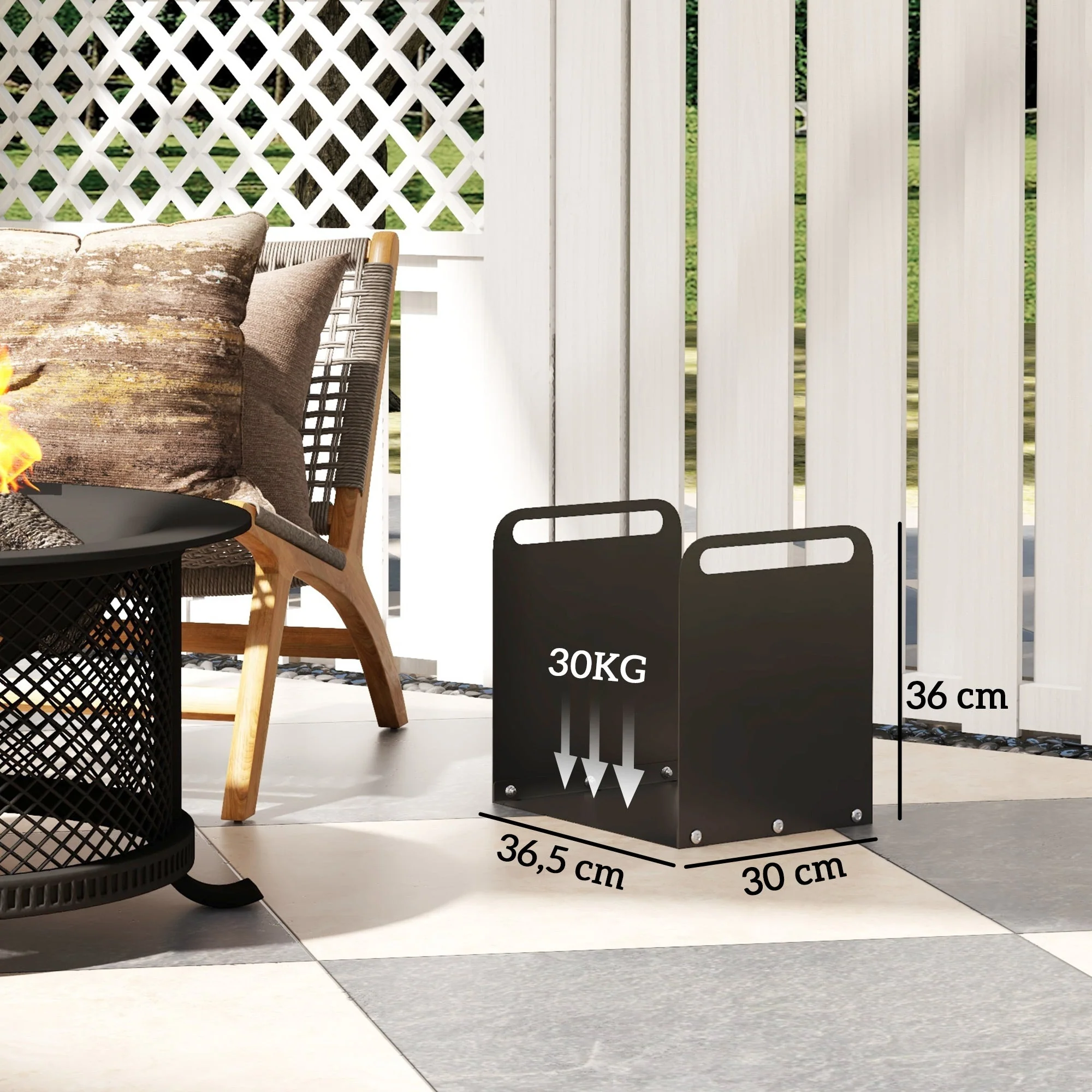 Firewood Rack 36.5x30x36cm with Handles, Indoor/Outdoor, 30kg, Black Steel - Image 3