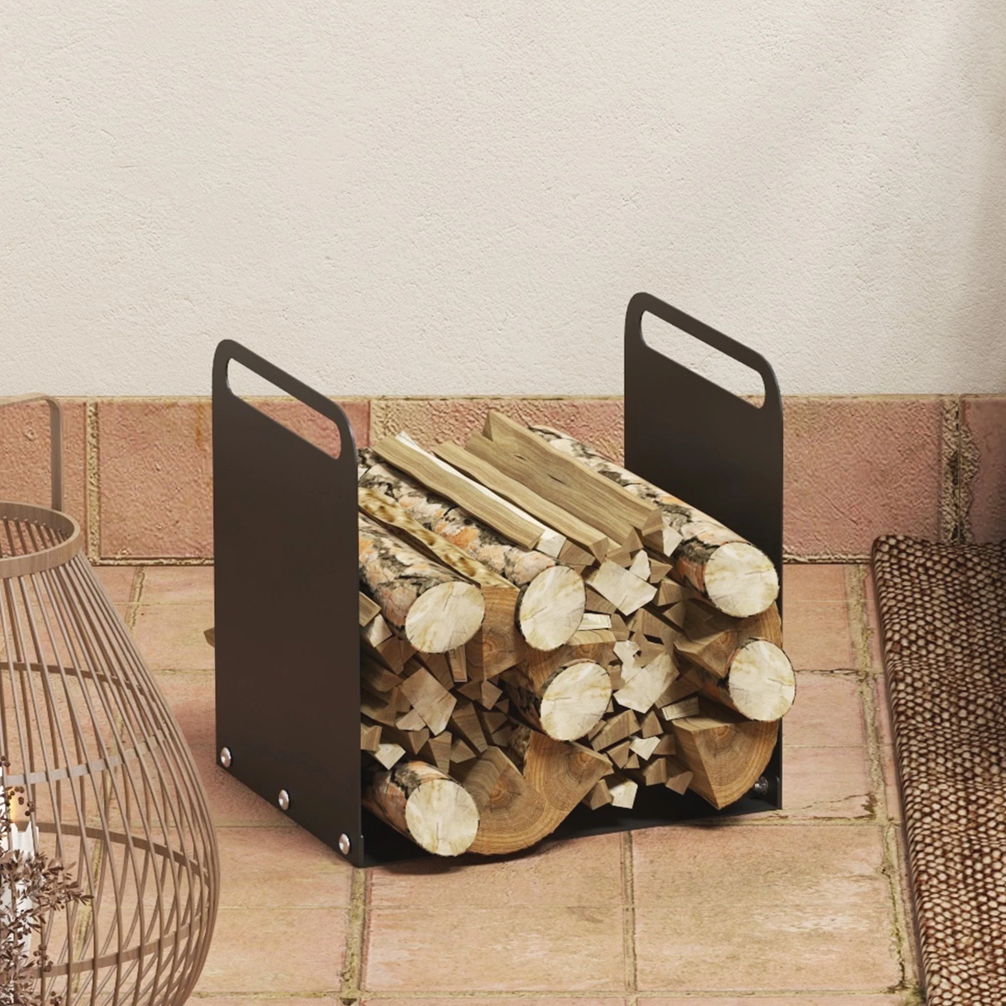 Firewood Rack 36.5x30x36cm with Handles, Indoor/Outdoor, 30kg, Black Steel - Image 7