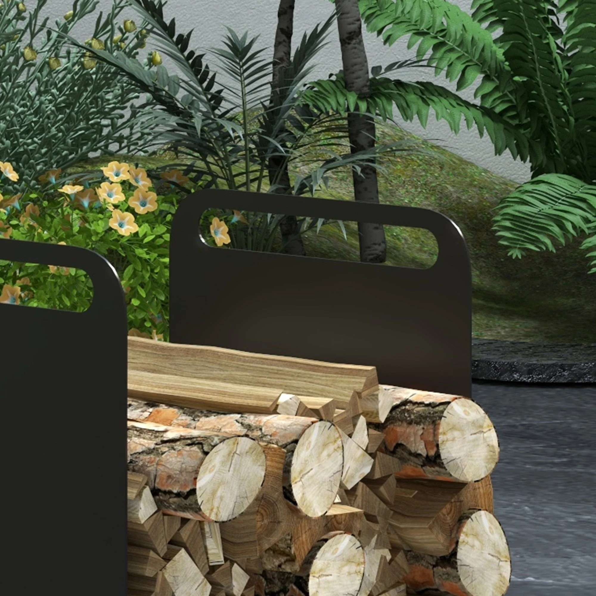 Firewood Rack 36.5x30x36cm with Handles, Indoor/Outdoor, 30kg, Black Steel - Image 8