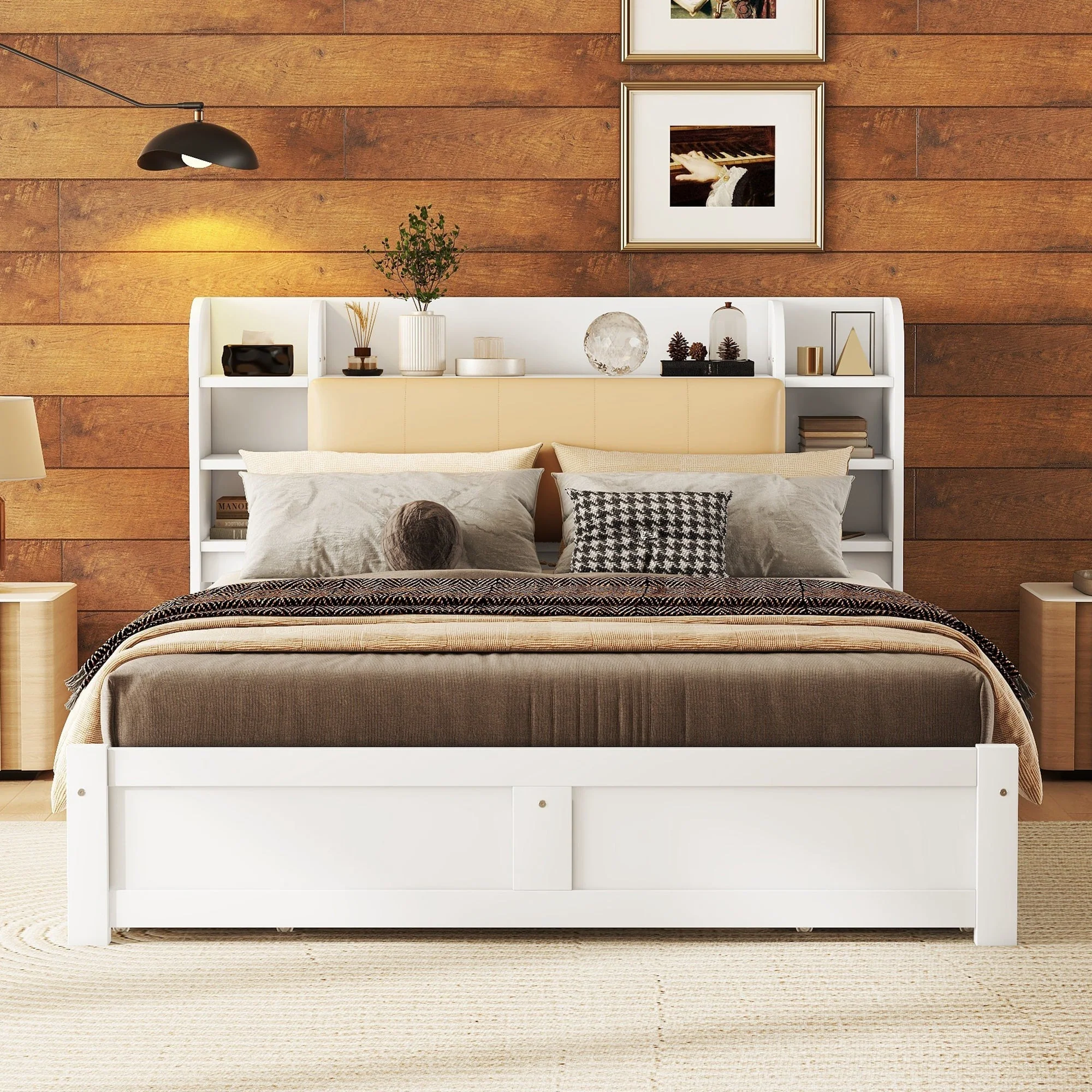 Flat Bed 160x200cm Fold-Down Headboard 4 Drawers Storage - White - Image 4