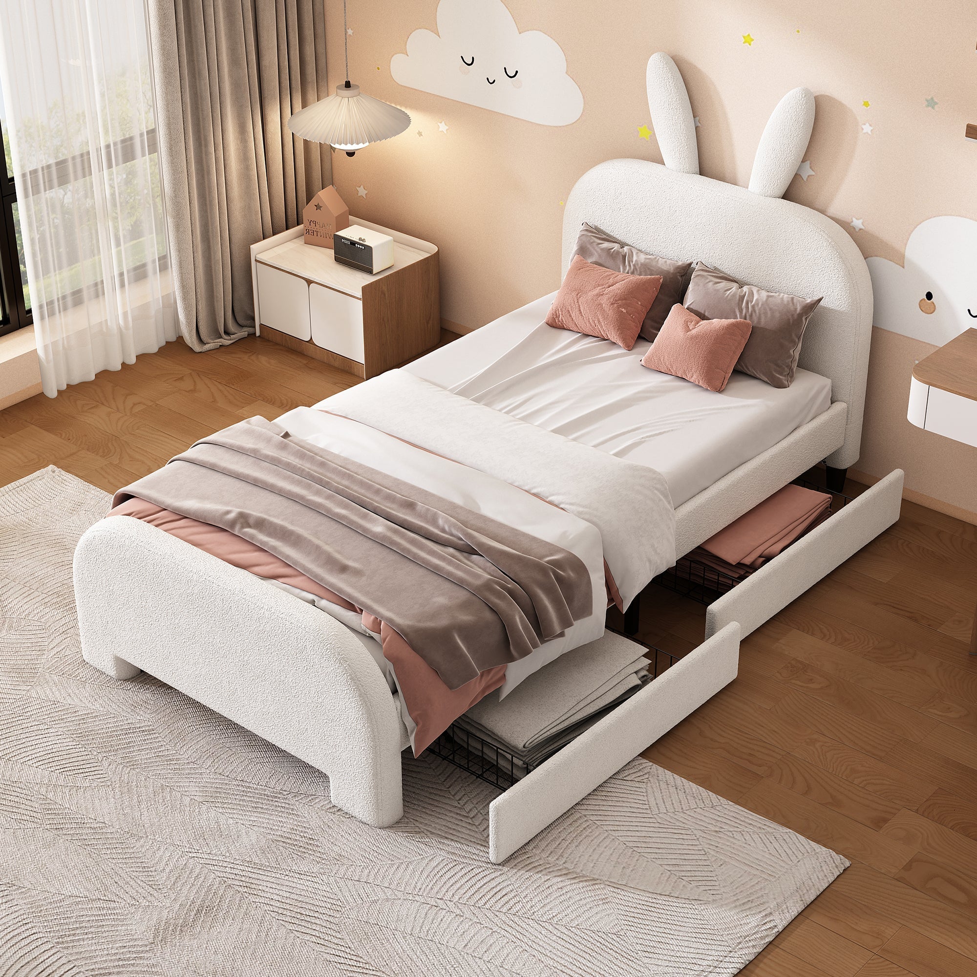 Flat Bed 90x200cm Padded Rabbit Shape 2 Drawers - White - Image 2
