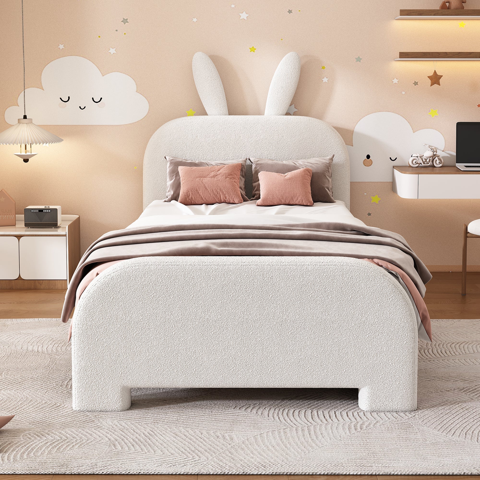 Flat Bed 90x200cm Padded Rabbit Shape 2 Drawers - White - Image 3