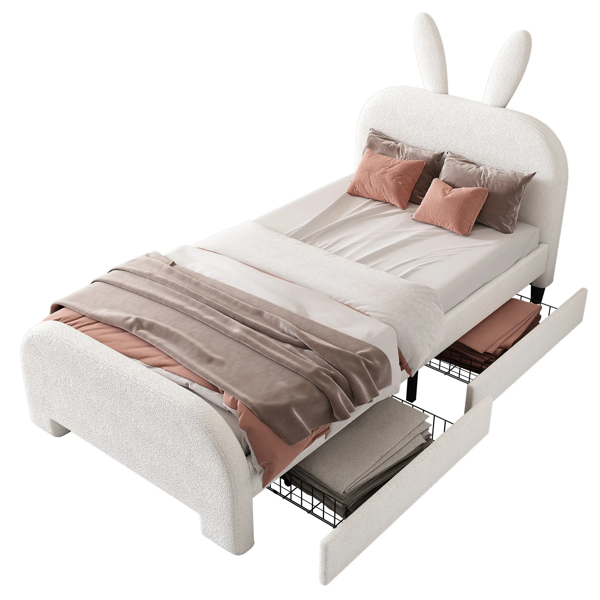 Flat Bed 90x200cm Padded Rabbit Shape 2 Drawers - White - Image 5