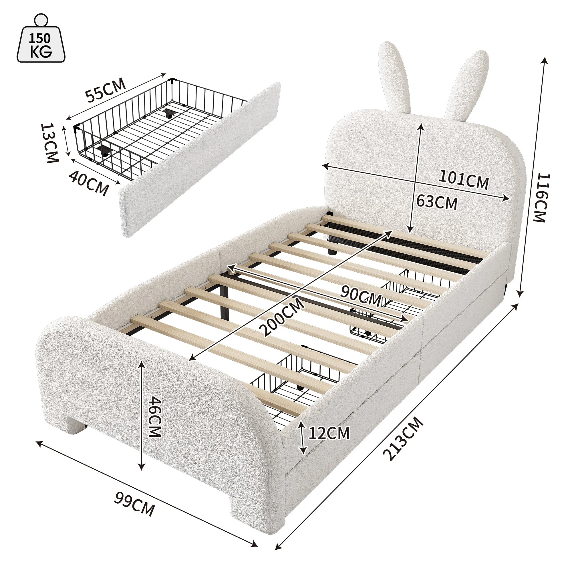 Flat Bed 90x200cm Padded Rabbit Shape 2 Drawers - White - Image 6