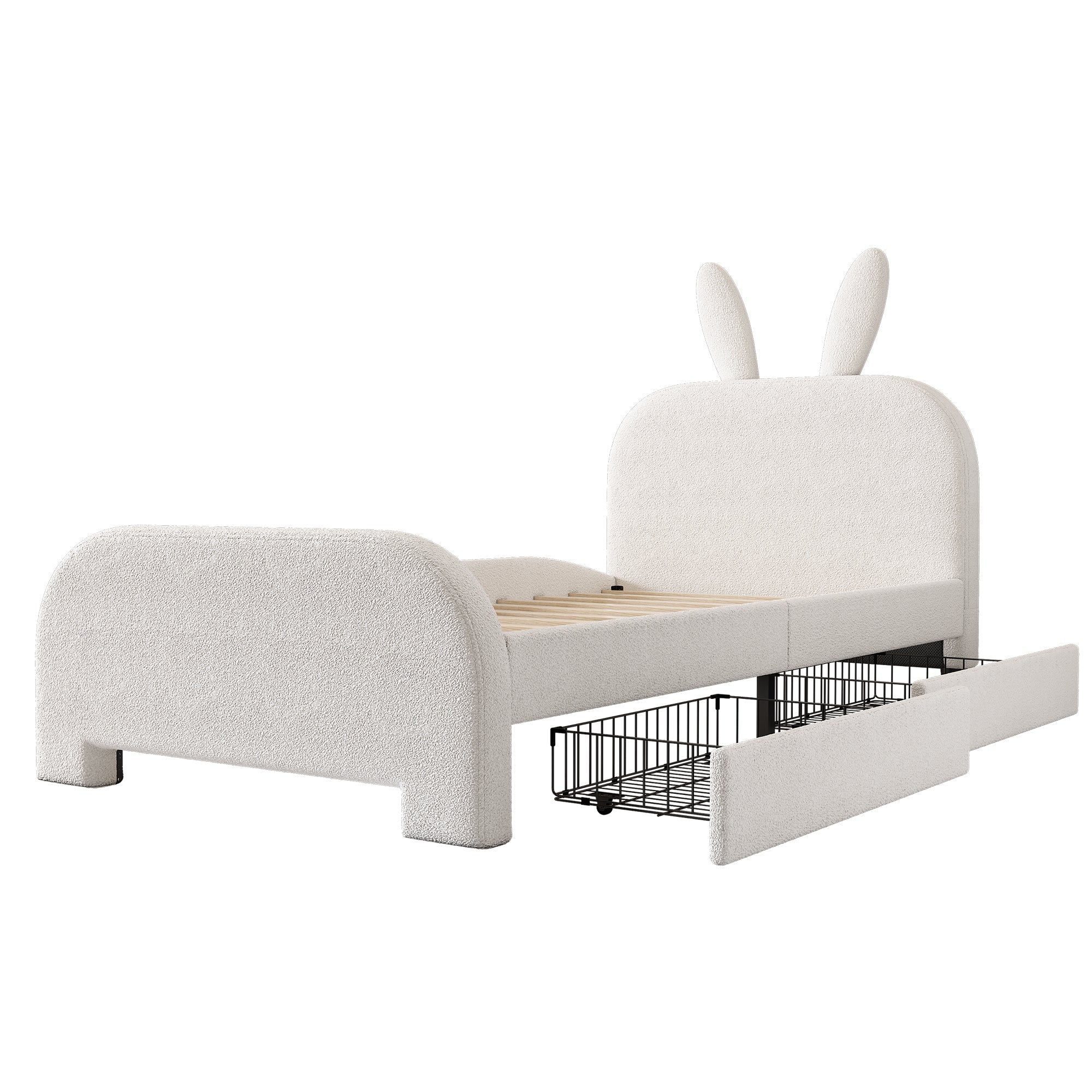 Flat Bed 90x200cm Padded Rabbit Shape 2 Drawers - White - Image 7