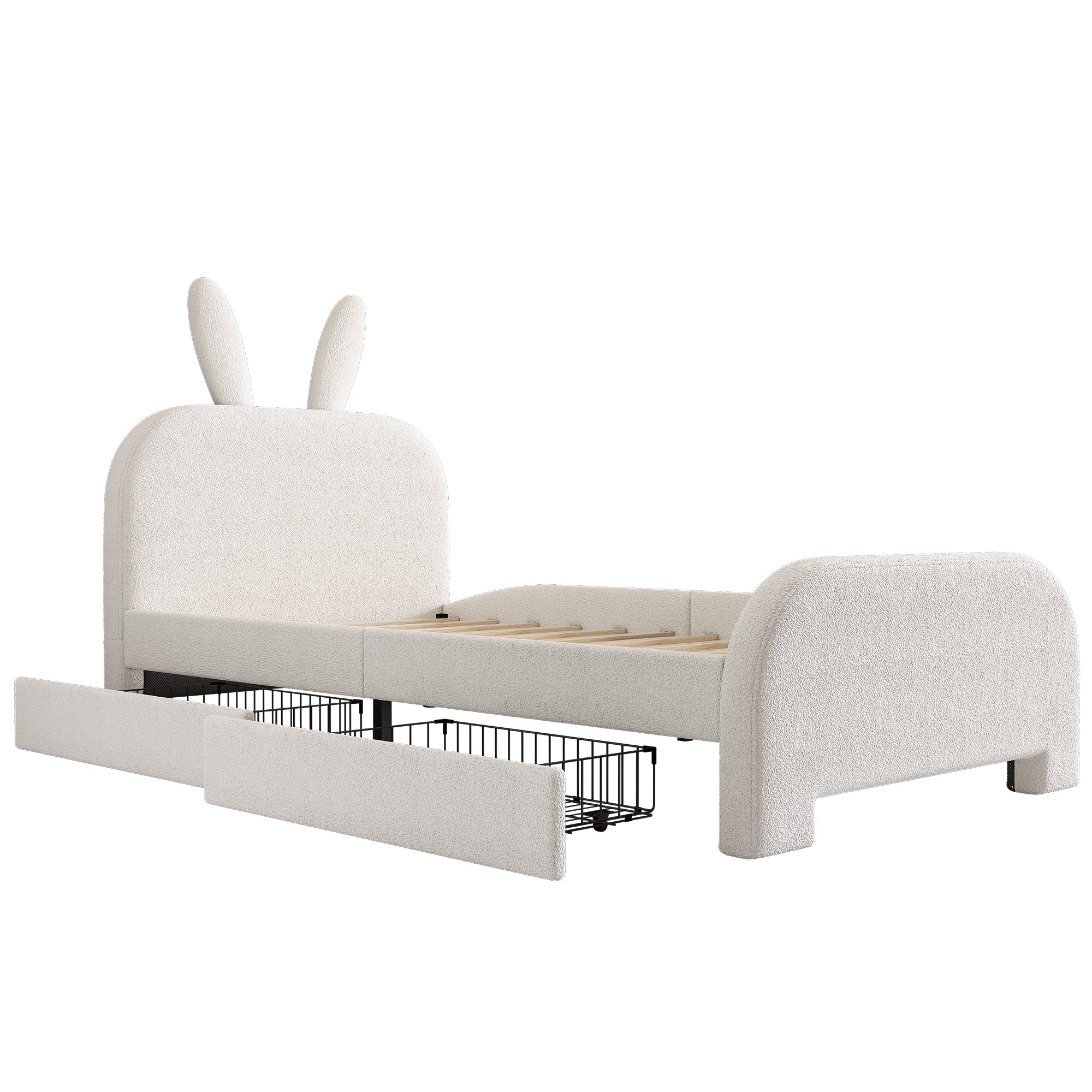 Flat Bed 90x200cm Padded Rabbit Shape 2 Drawers - White - Image 8