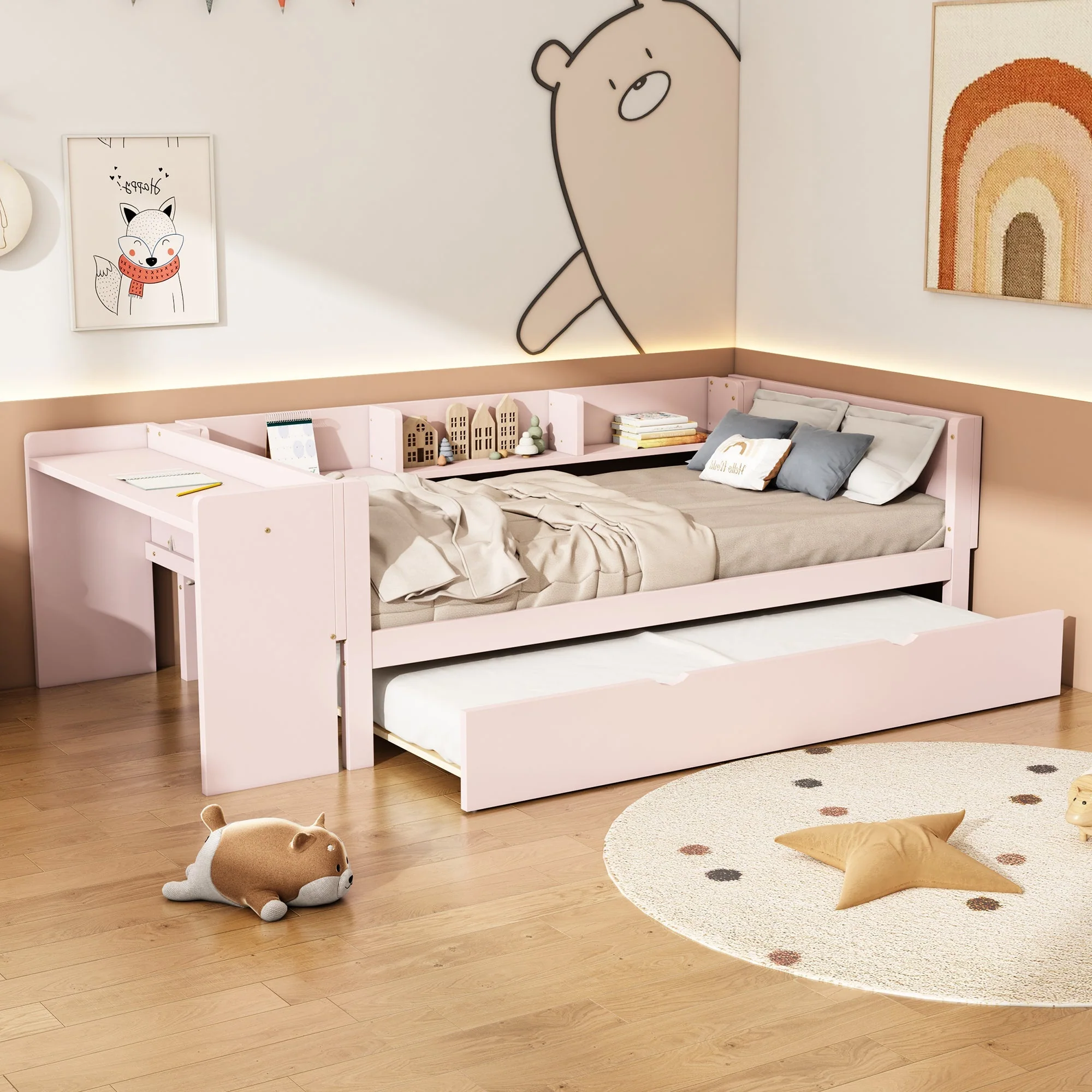 Flat Bed 90x200cm Pull-out Desk Storage - Pink