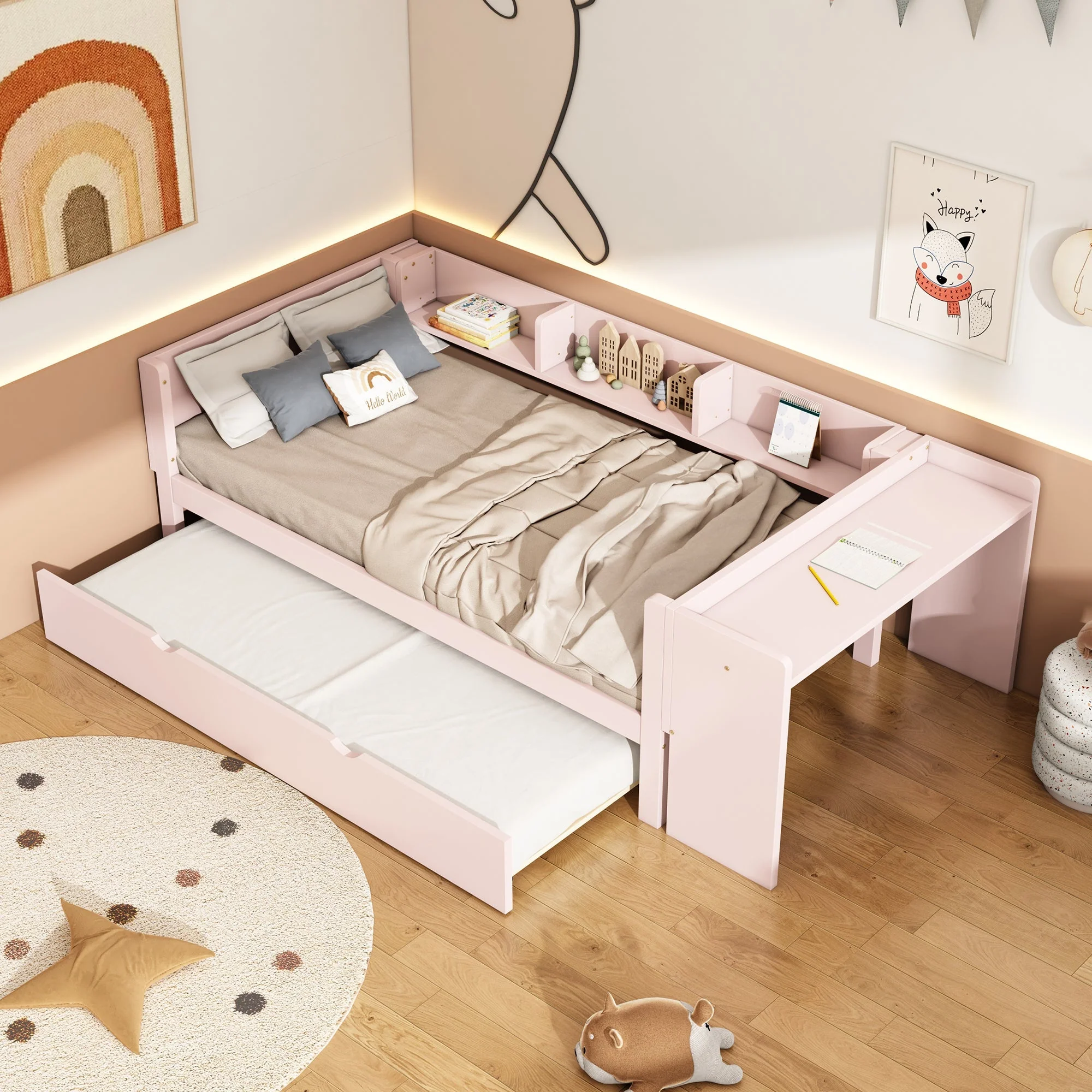 Flat Bed 90x200cm Pull-out Desk Storage - Pink - Image 2