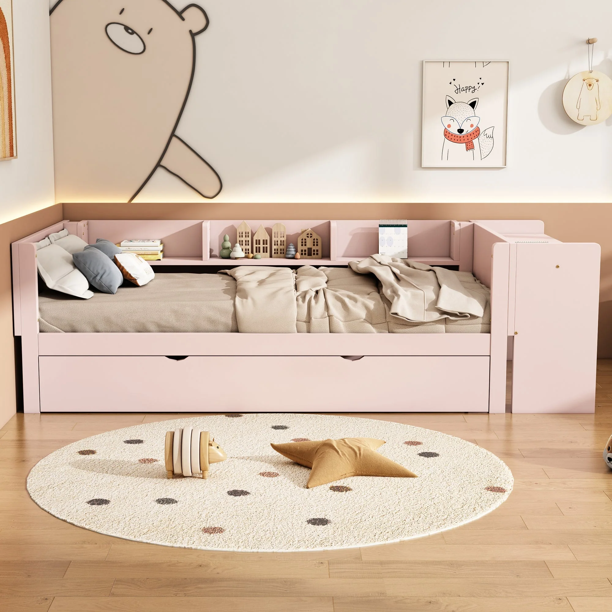 Flat Bed 90x200cm Pull-out Desk Storage - Pink - Image 3
