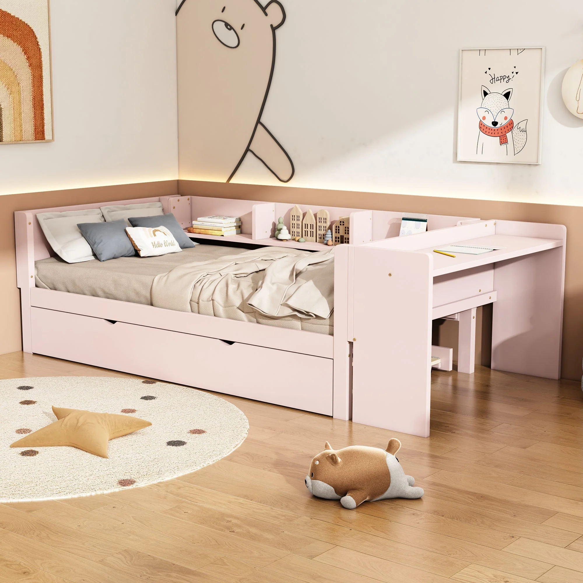 Flat Bed 90x200cm Pull-out Desk Storage - Pink - Image 4