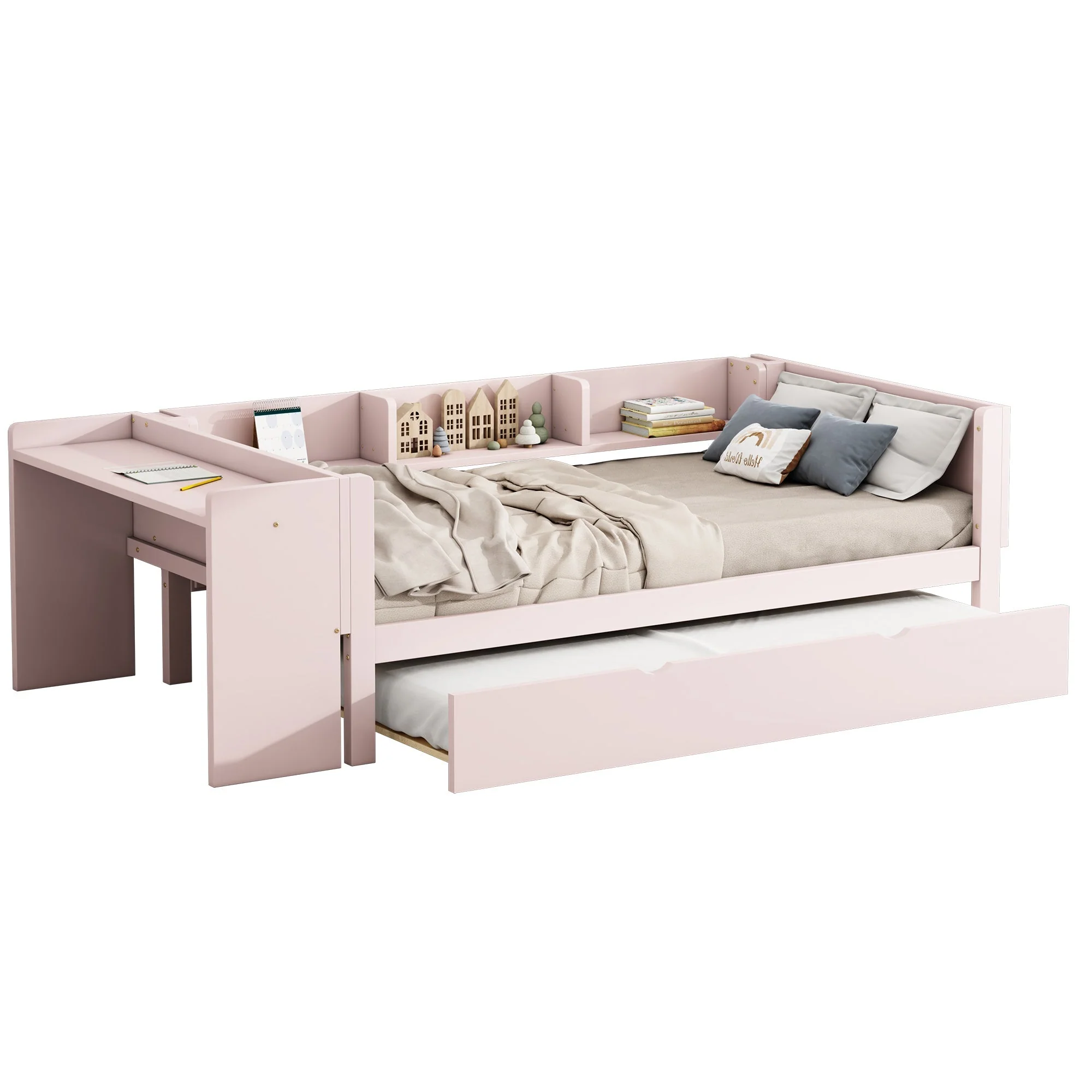 Flat Bed 90x200cm Pull-out Desk Storage - Pink - Image 5