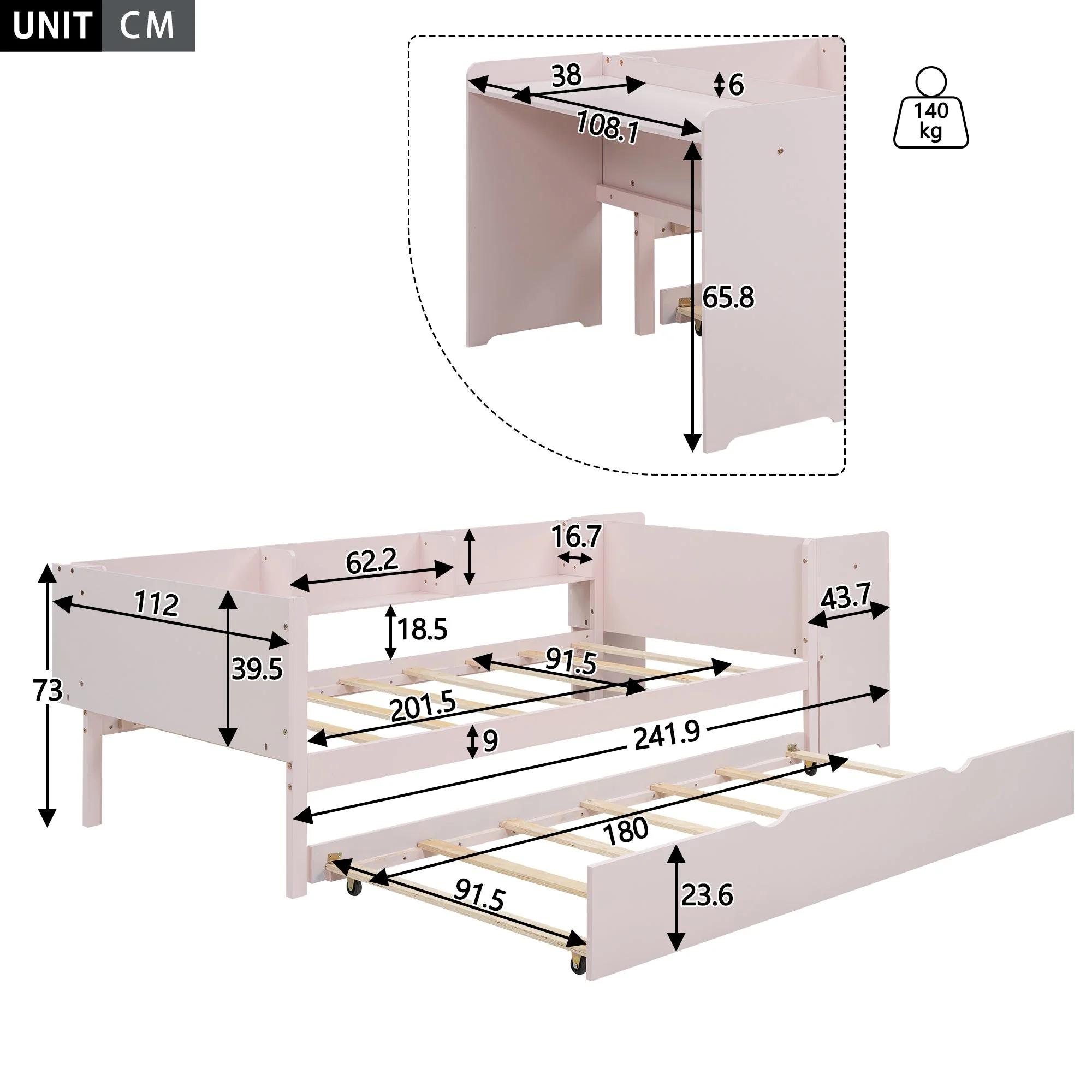 Flat Bed 90x200cm Pull-out Desk Storage - Pink - Image 6