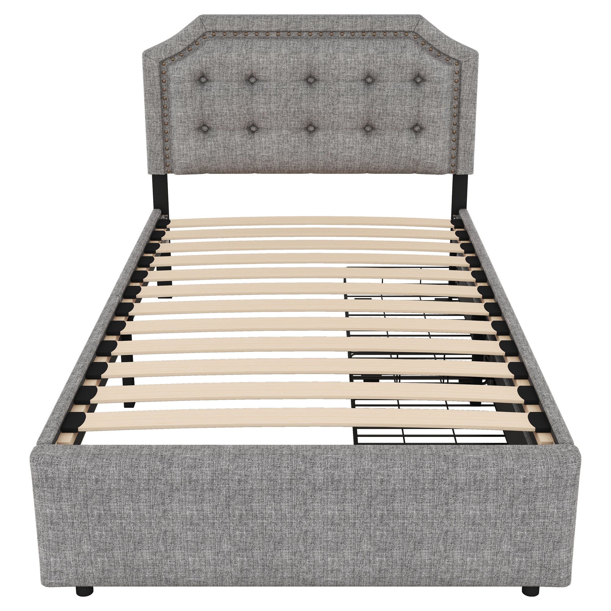 Flat Bed 90x200cm, Upholstered with Decorative Studs, Double Drawers, Grey - Image 7