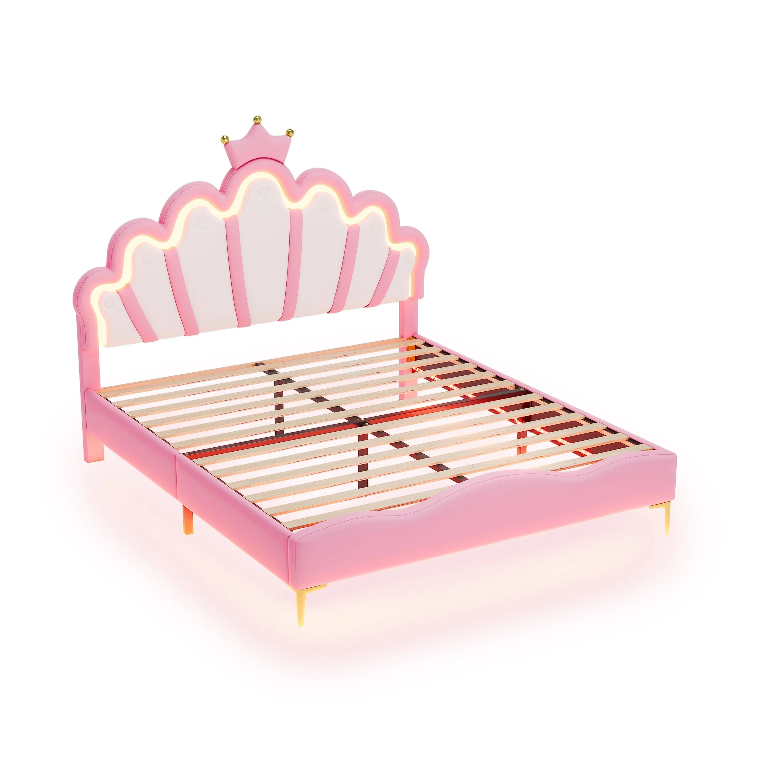 Flat Double Bed 140x200cm Crown-Shaped LED PU Leather - Pink - Image 10