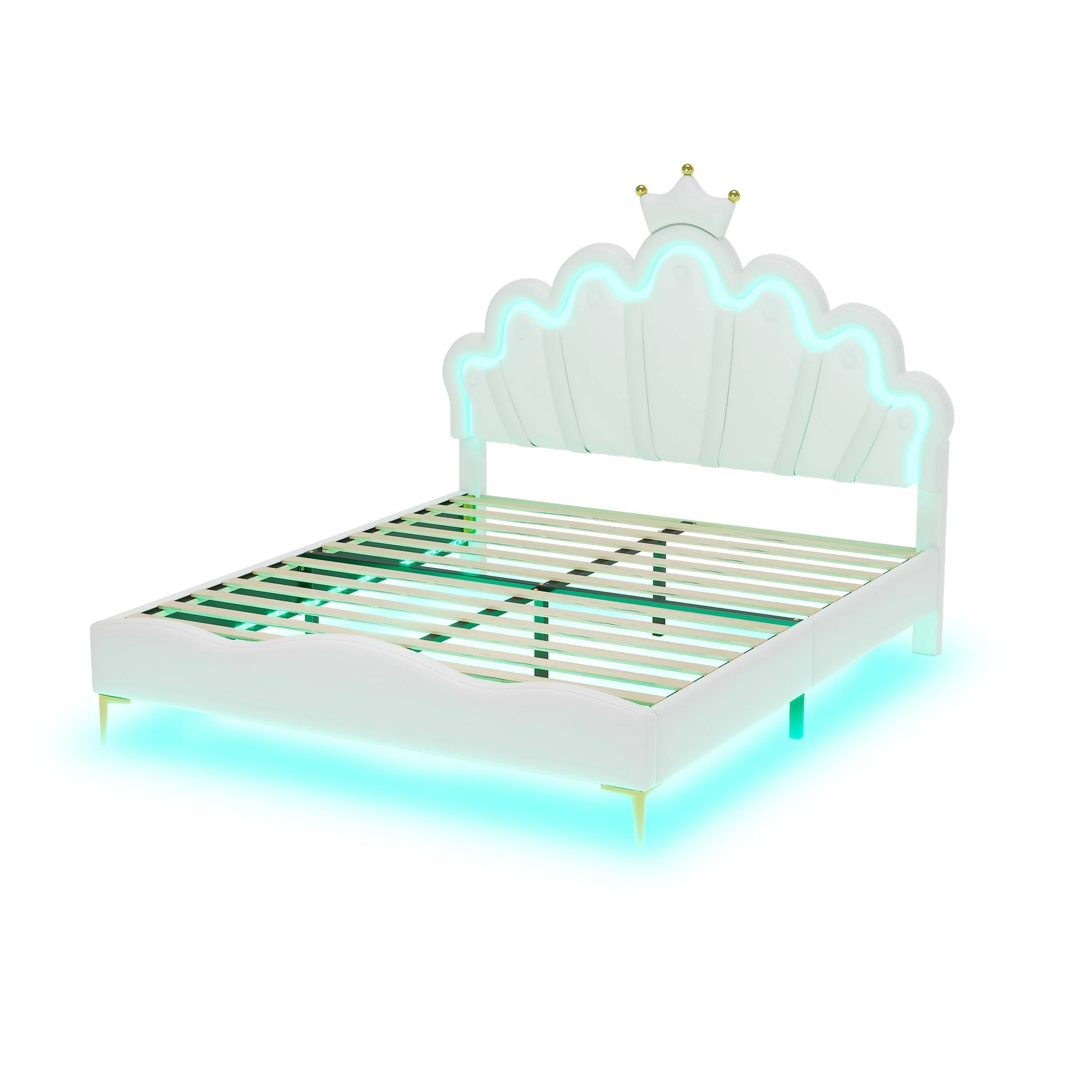 Flat Double Bed 140x200cm Crown-Shaped PU Leather Adjustable LED - White - Image 8