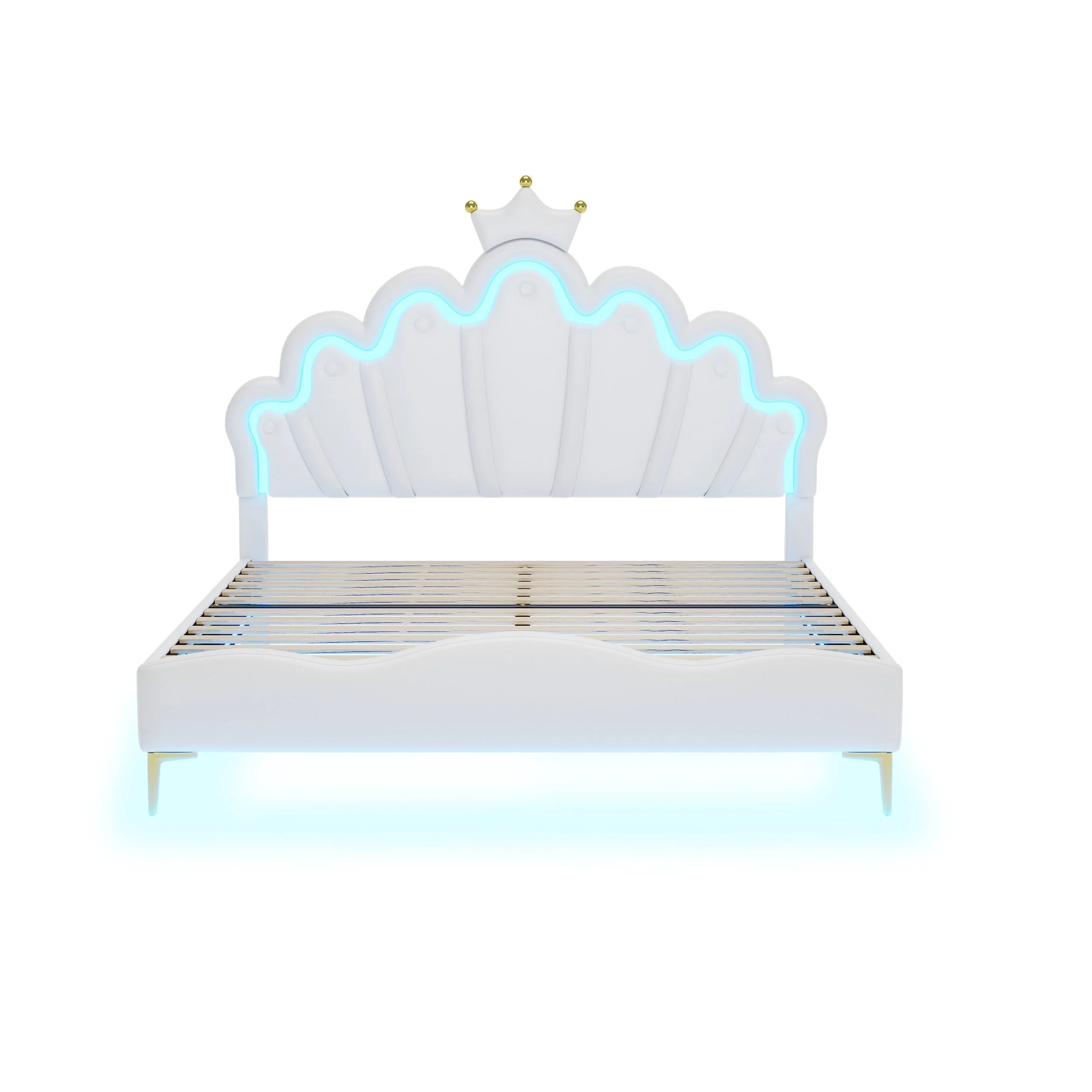 Flat Double Bed 140x200cm Crown-Shaped PU Leather Adjustable LED - White - Image 9