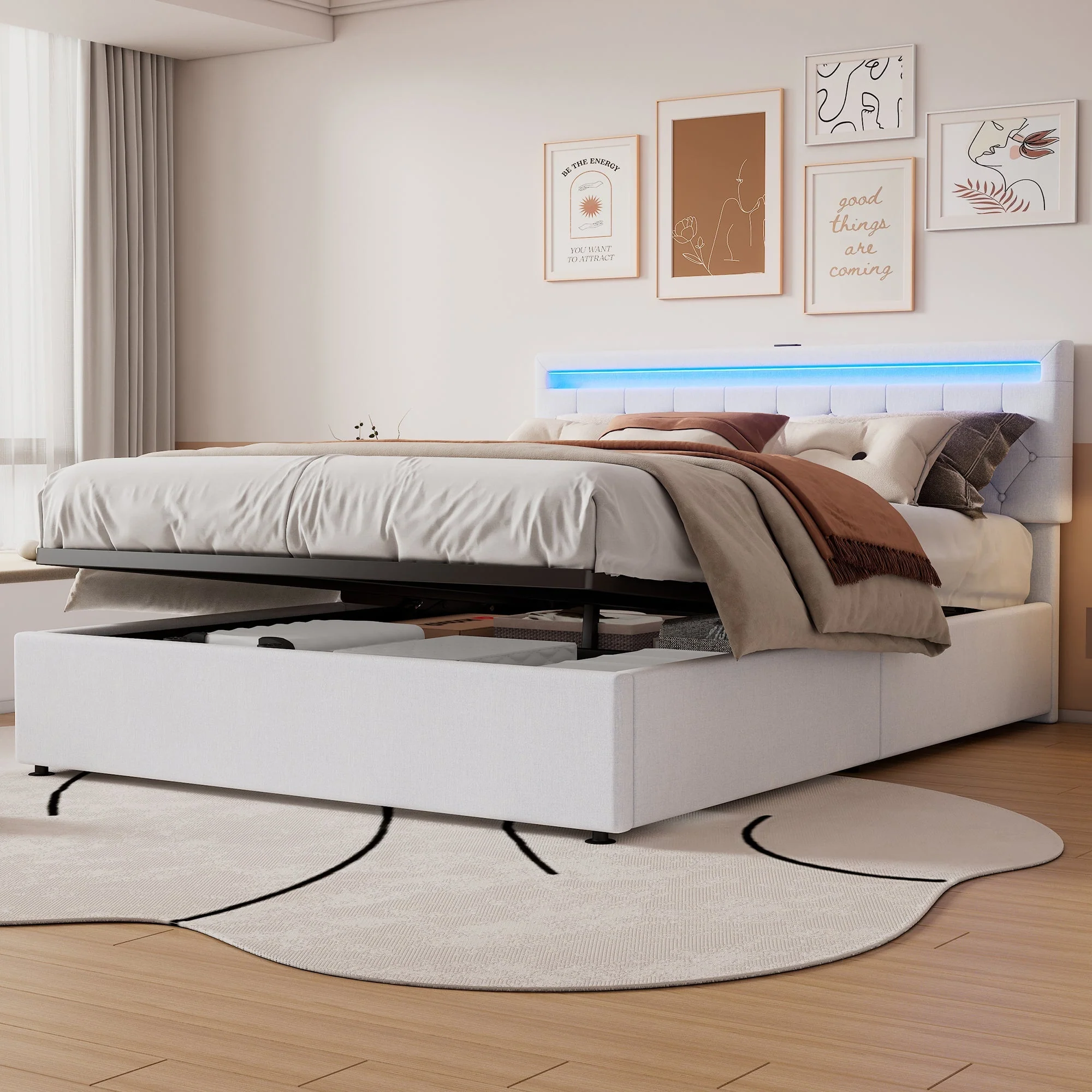 Flat Upholstered Bed 160x200cm Height Adjustable Ambient Light USB/Type-C Storage White