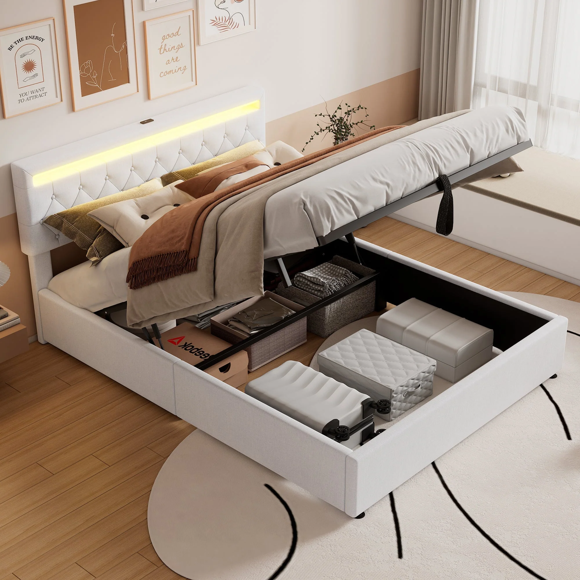Flat Upholstered Bed 160x200cm Height Adjustable Ambient Light USB/Type-C Storage White - Image 2