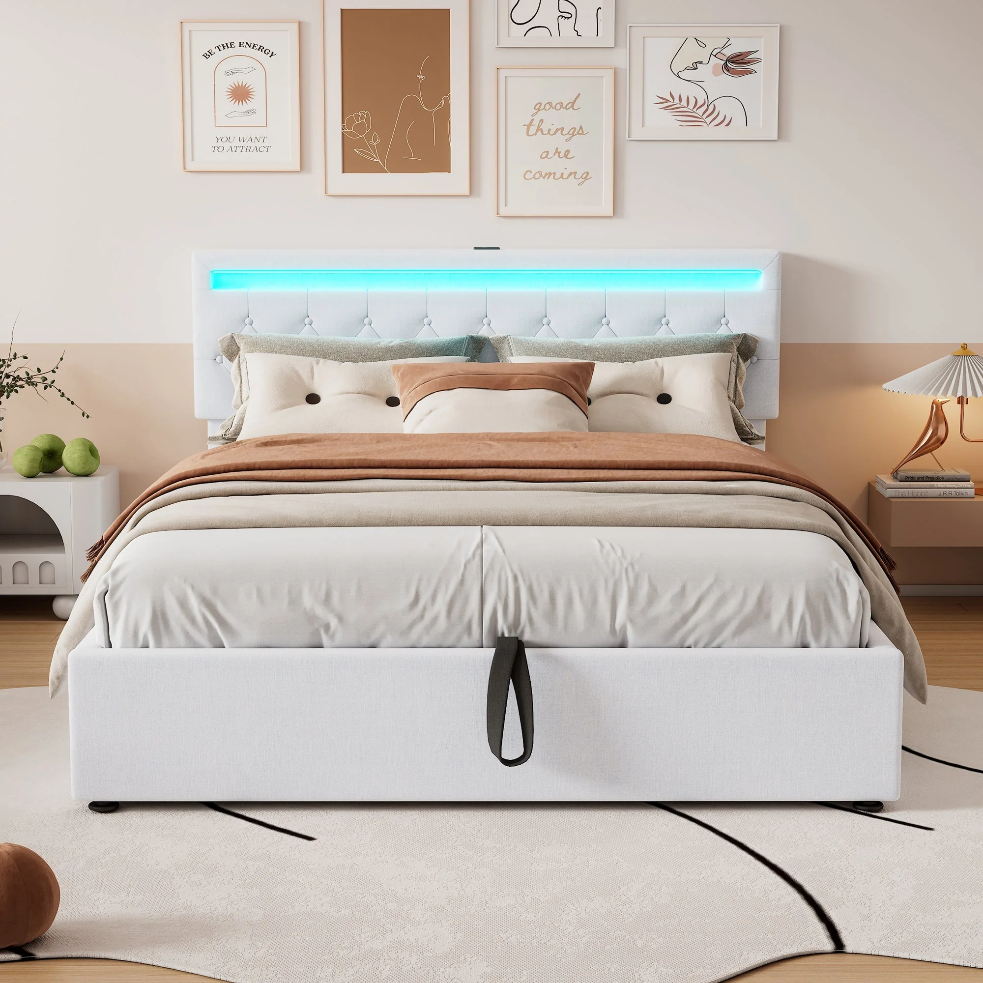 Flat Upholstered Bed 160x200cm Height Adjustable Ambient Light USB/Type-C Storage White - Image 3