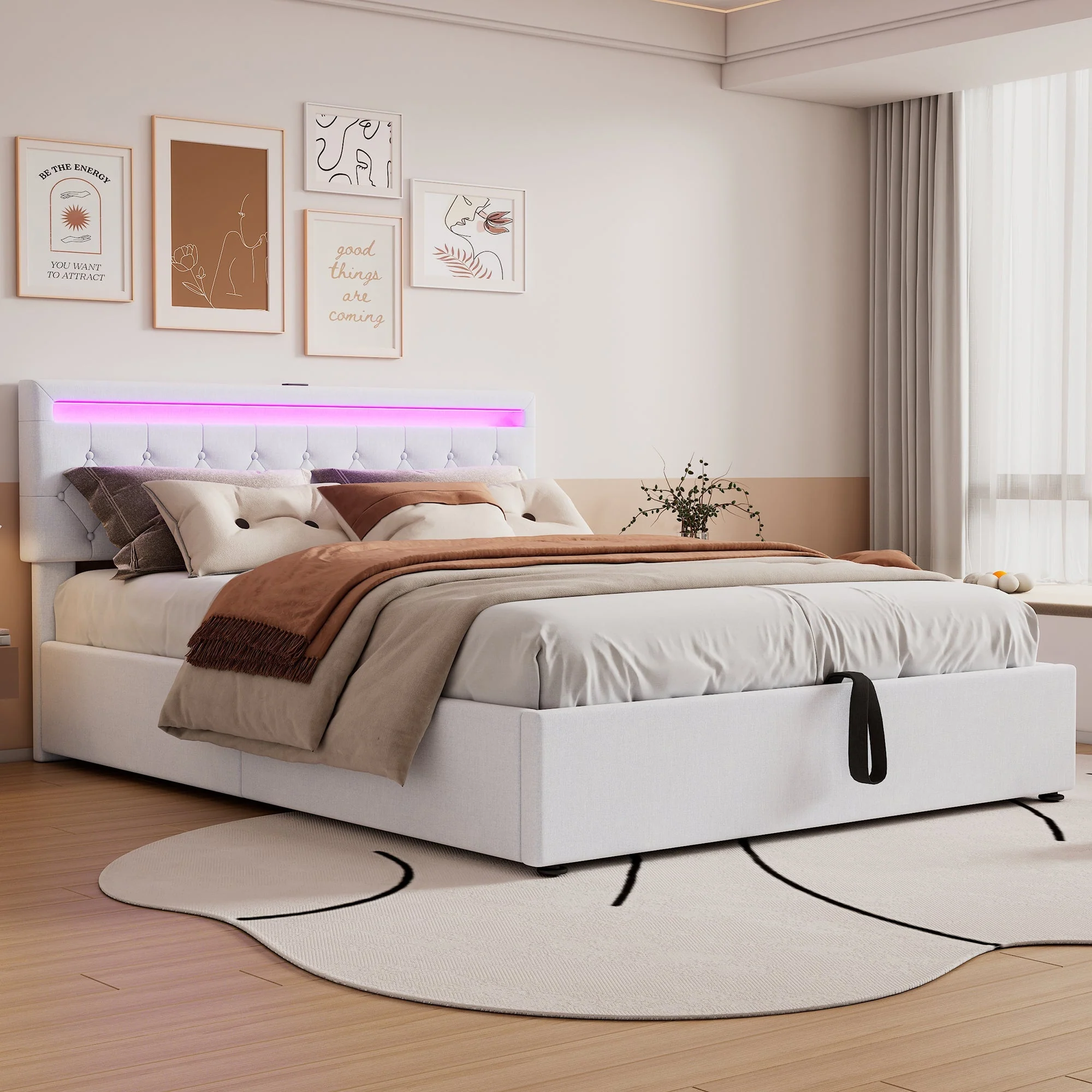 Flat Upholstered Bed 160x200cm Height Adjustable Ambient Light USB/Type-C Storage White - Image 4
