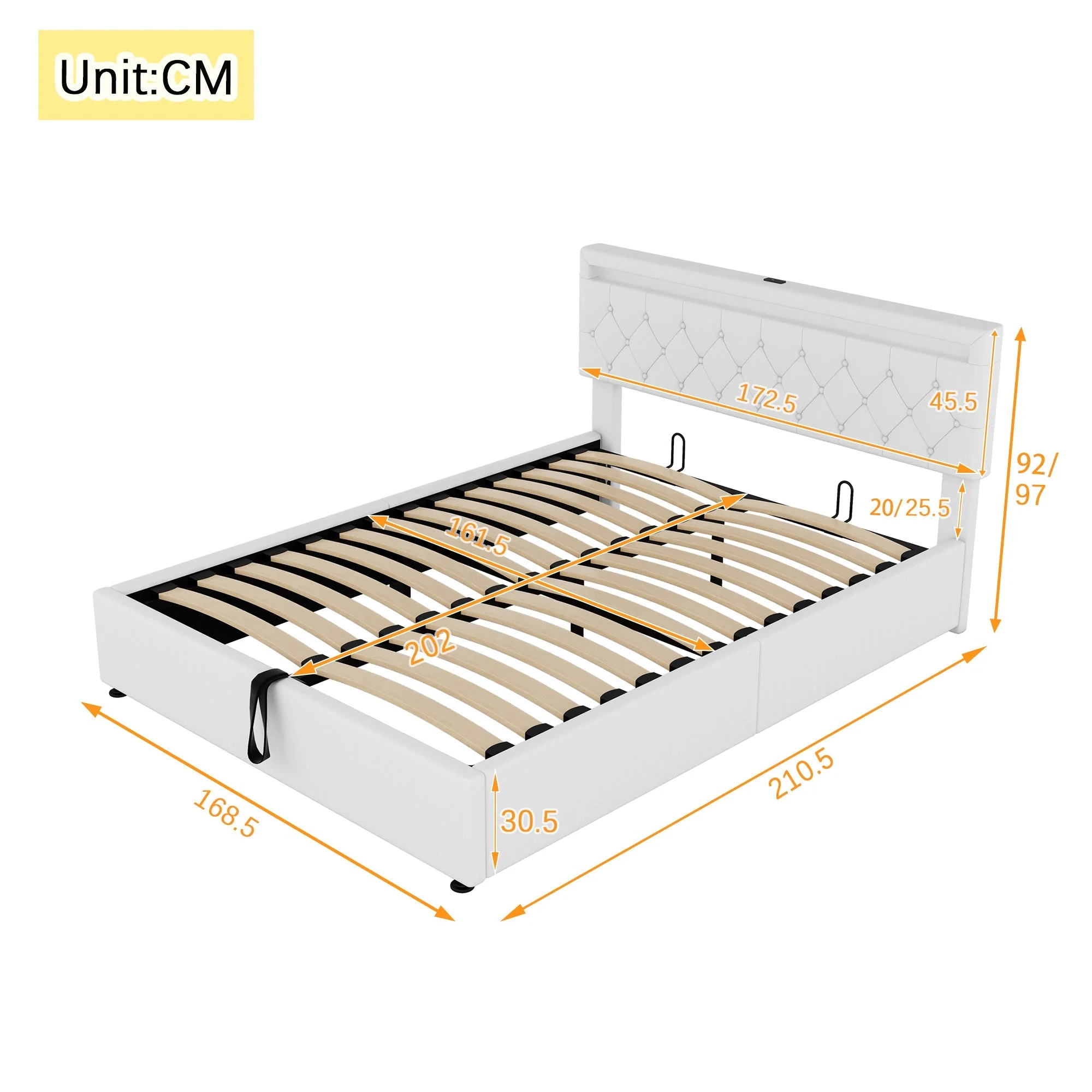 Flat Upholstered Bed 160x200cm Height Adjustable Ambient Light USB/Type-C Storage White - Image 7