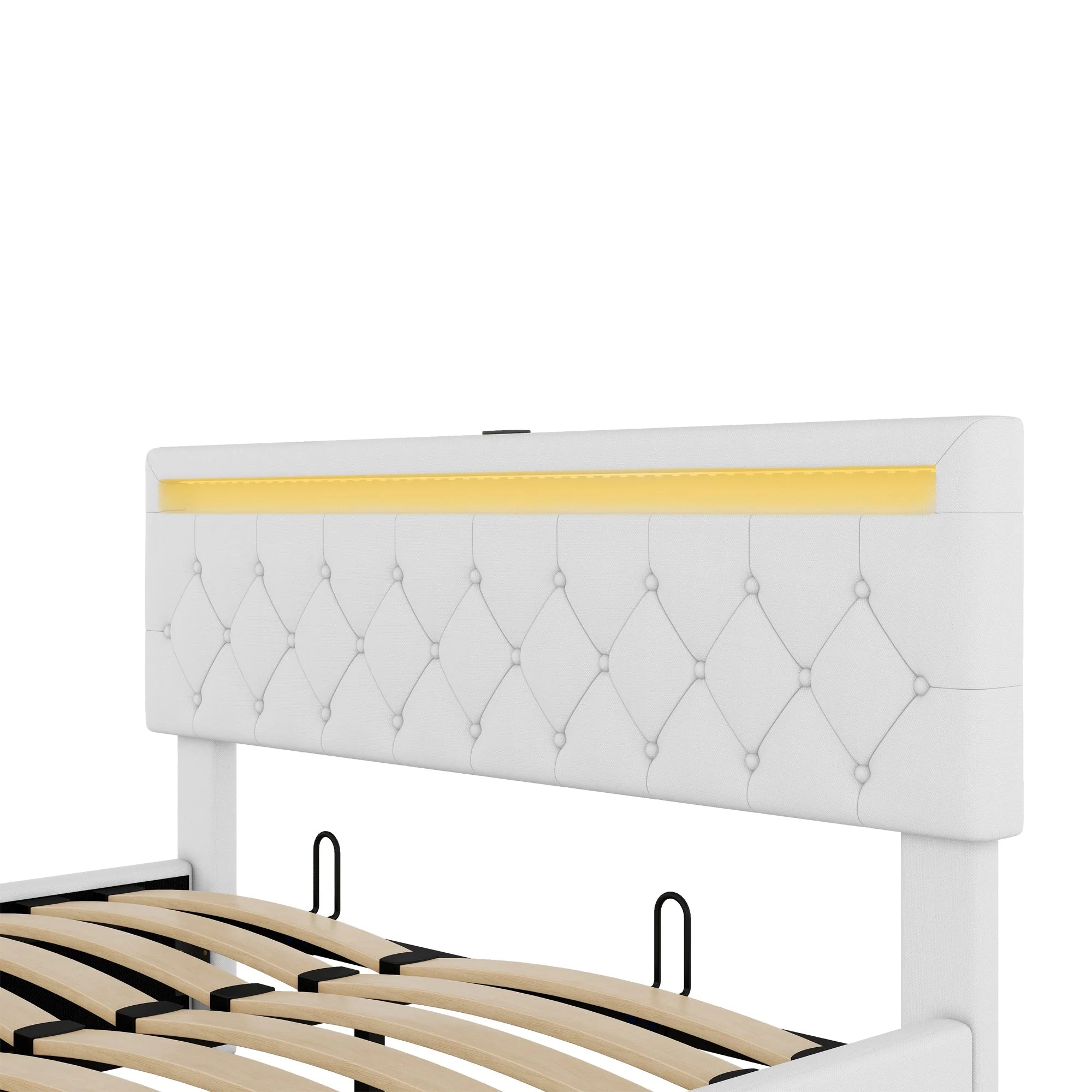 Flat Upholstered Bed 160x200cm Height Adjustable Ambient Light USB/Type-C Storage White - Image 8