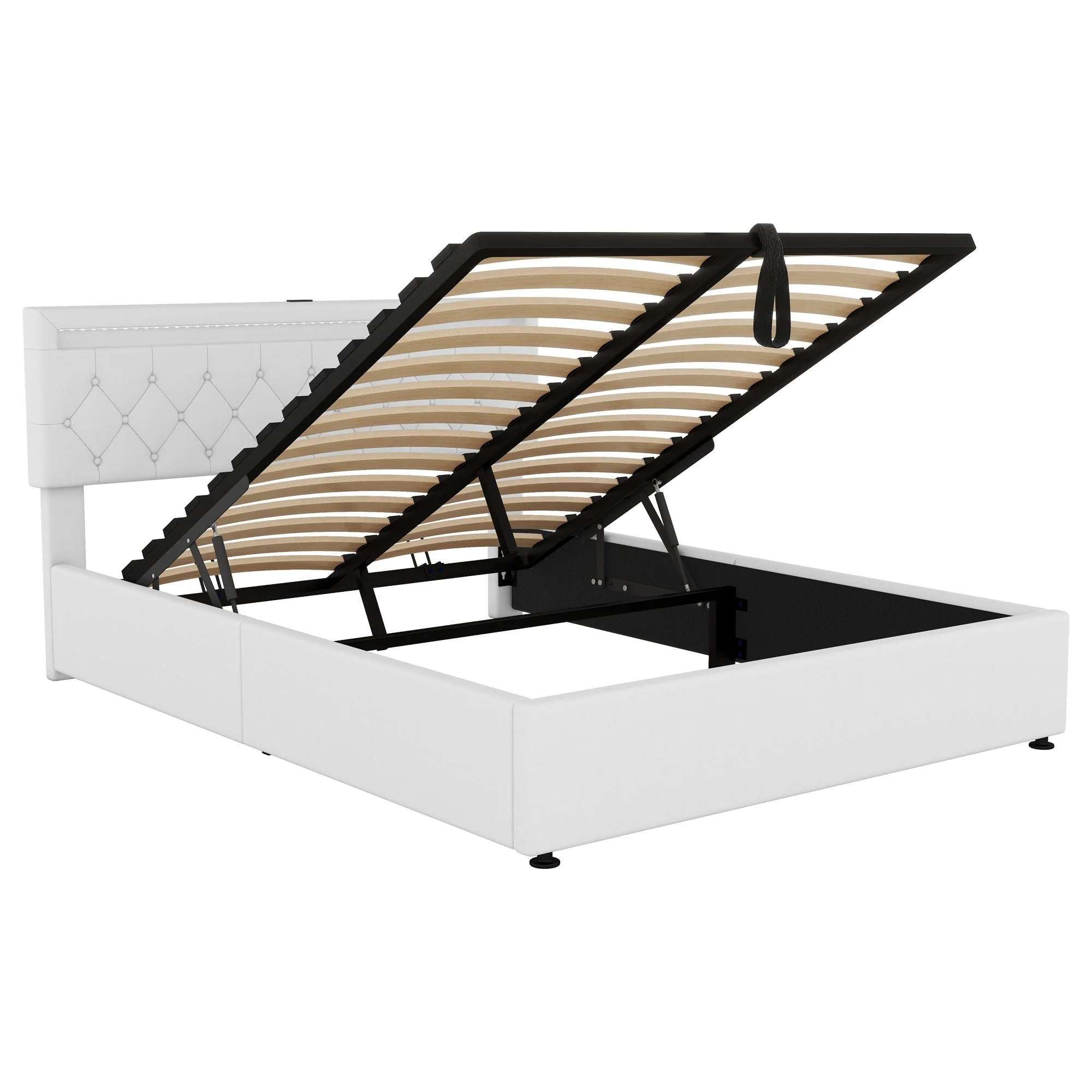 Flat Upholstered Bed 160x200cm Height Adjustable Ambient Light USB/Type-C Storage White - Image 9