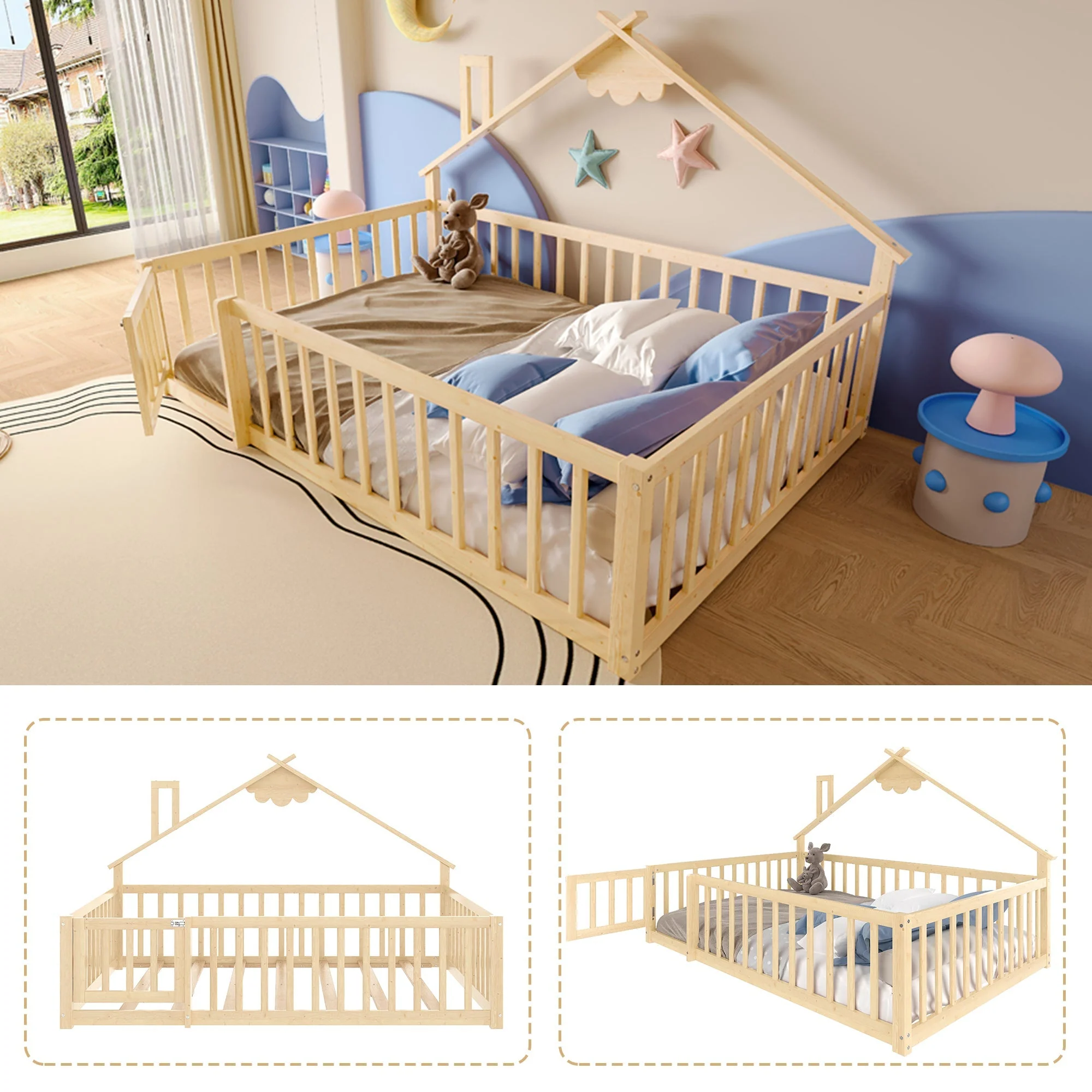 Flatbed 140x190cm House Rail with Lock - Pine Wood Natural - Image 10