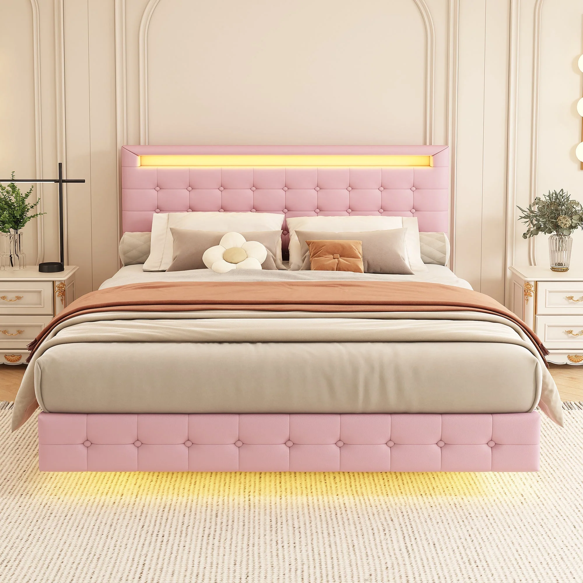 Flatbed 140x200cm LED Light Adjustable Headboard - Pink PU - Image 2