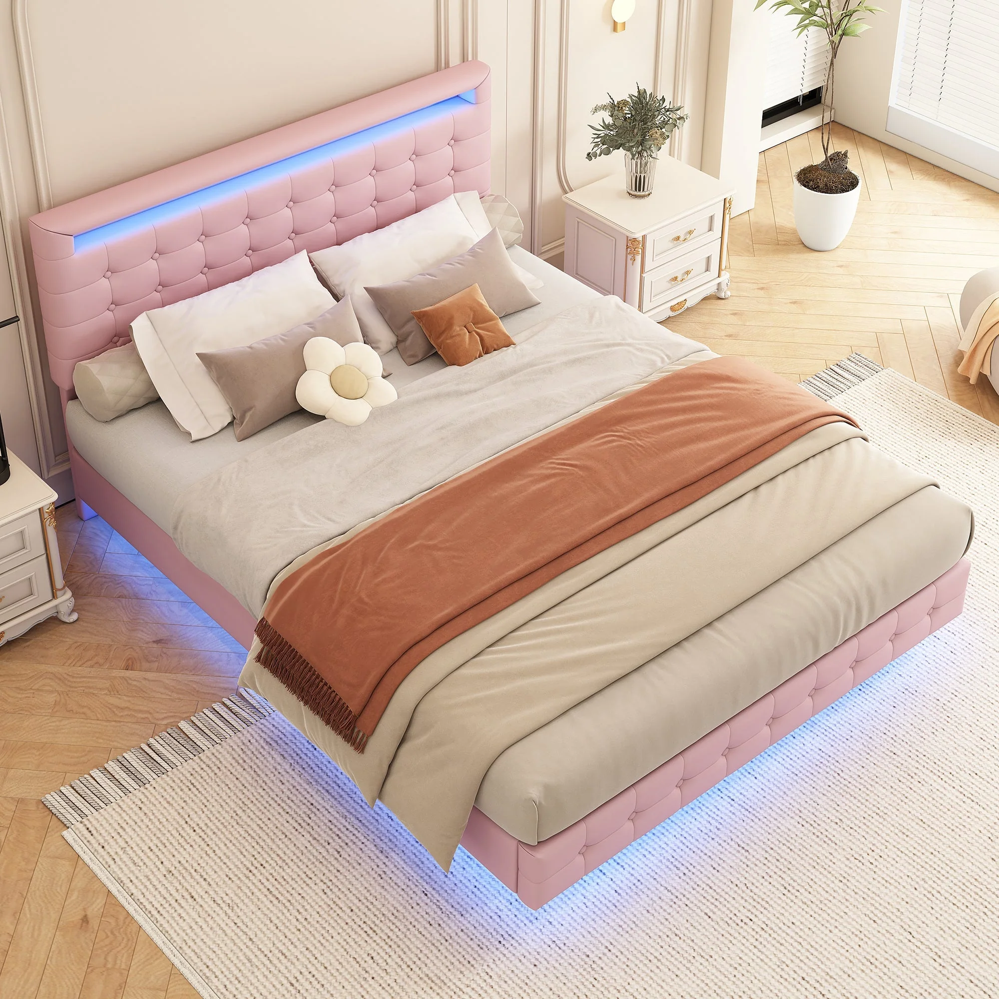 Flatbed 140x200cm LED Light Adjustable Headboard - Pink PU - Image 4