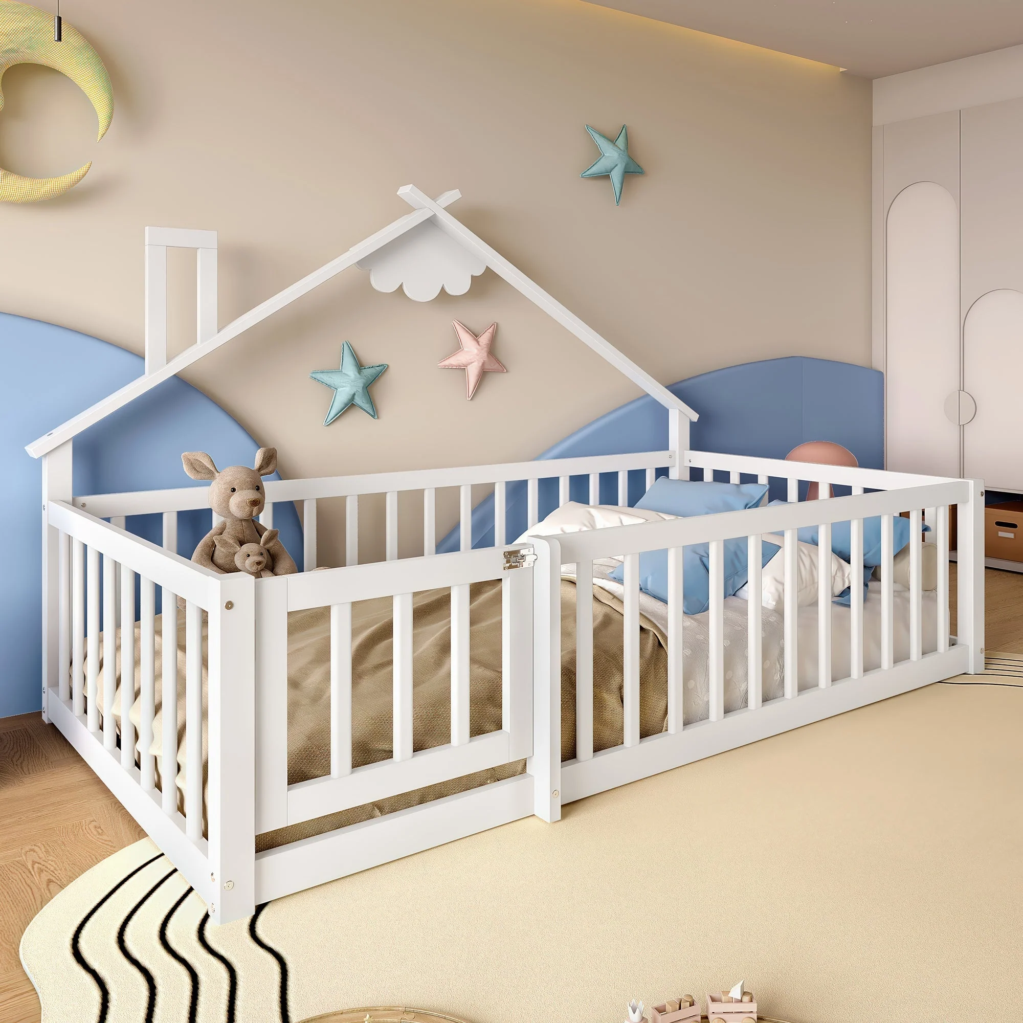 Flatbed 90x190cm House Rail Lock - Pine Wood White - Image 2