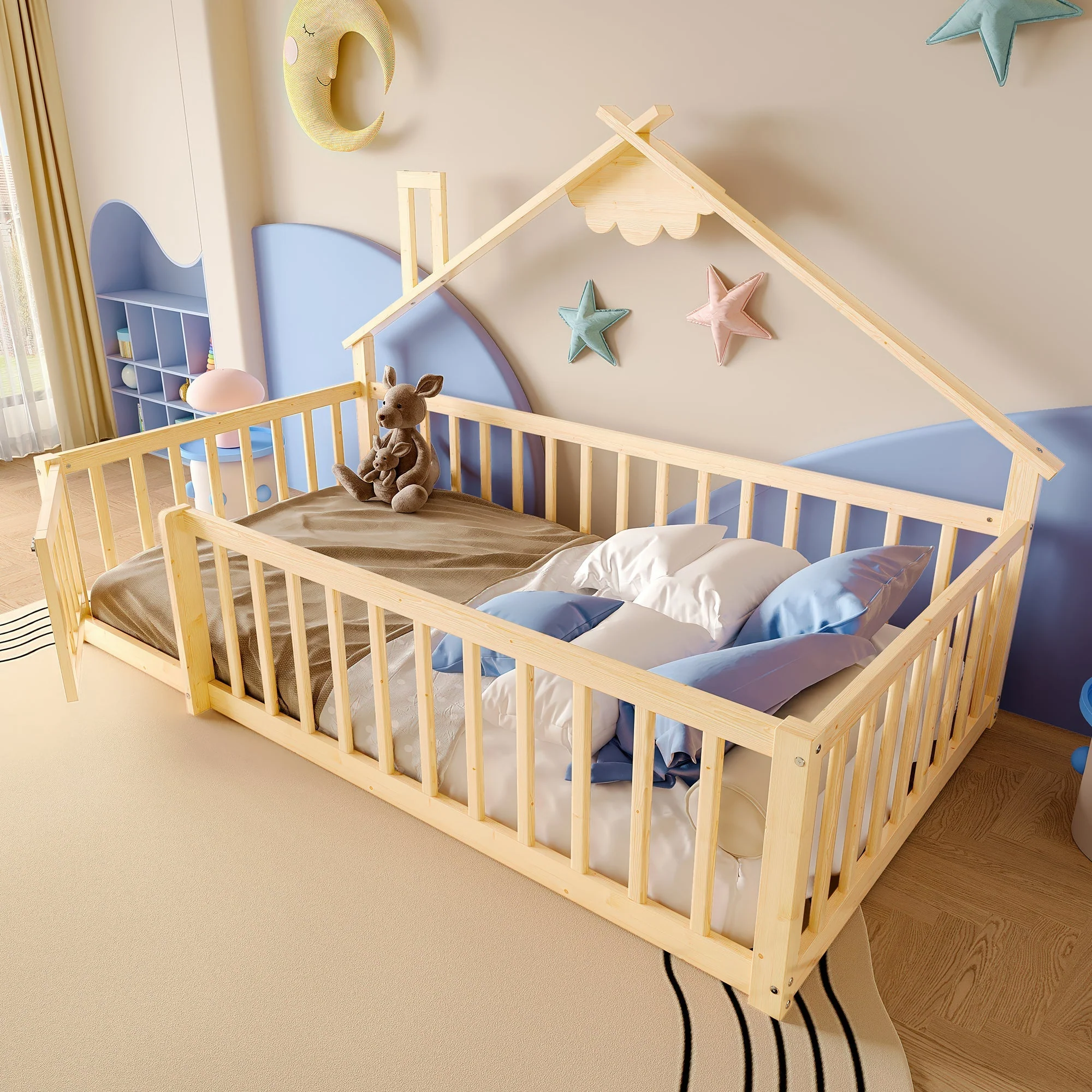 Flatbed 90x190cm House Rail Lockable Railing - Natural Pine Wood - Image 4
