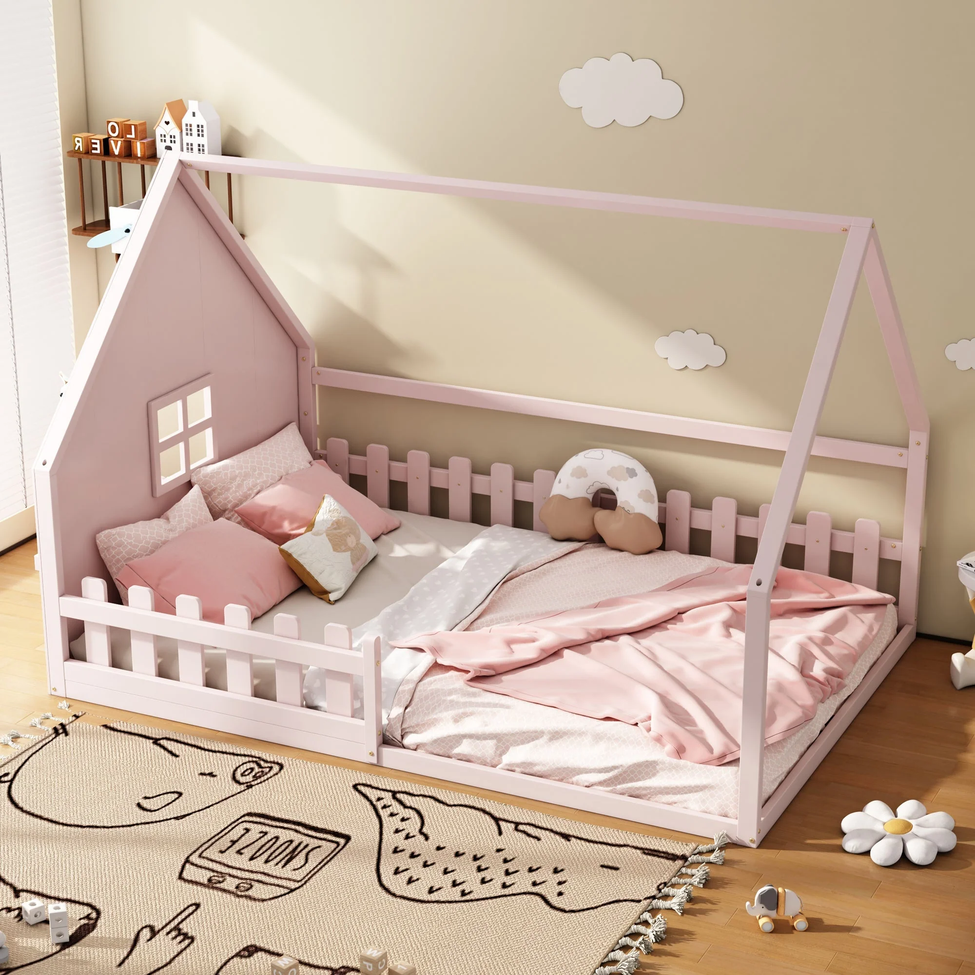 Flatbed Children's Bed 140x200cm House Rail - Pine Wood Pink - Image 3