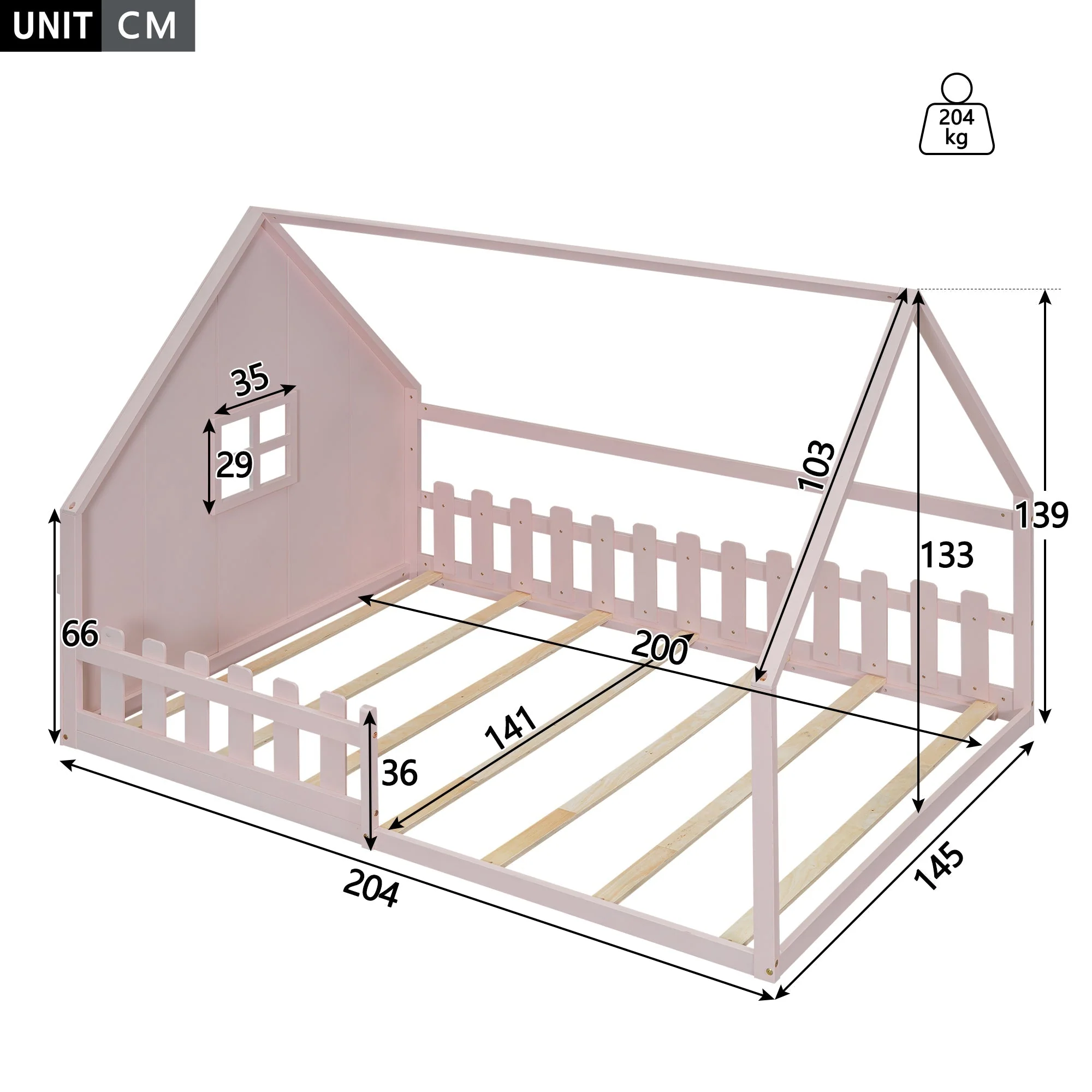 Flatbed Children's Bed 140x200cm House Rail - Pine Wood Pink - Image 6
