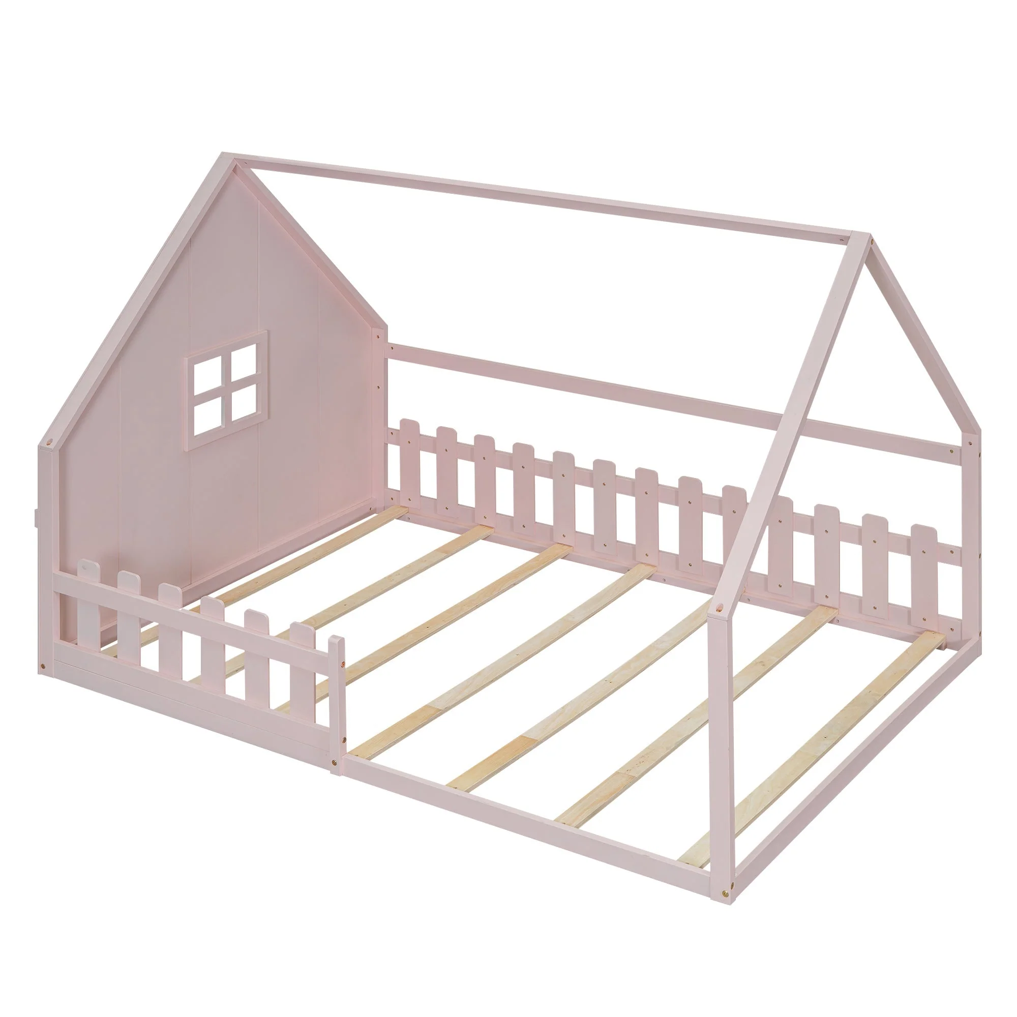 Flatbed Children's Bed 140x200cm House Rail - Pine Wood Pink - Image 8
