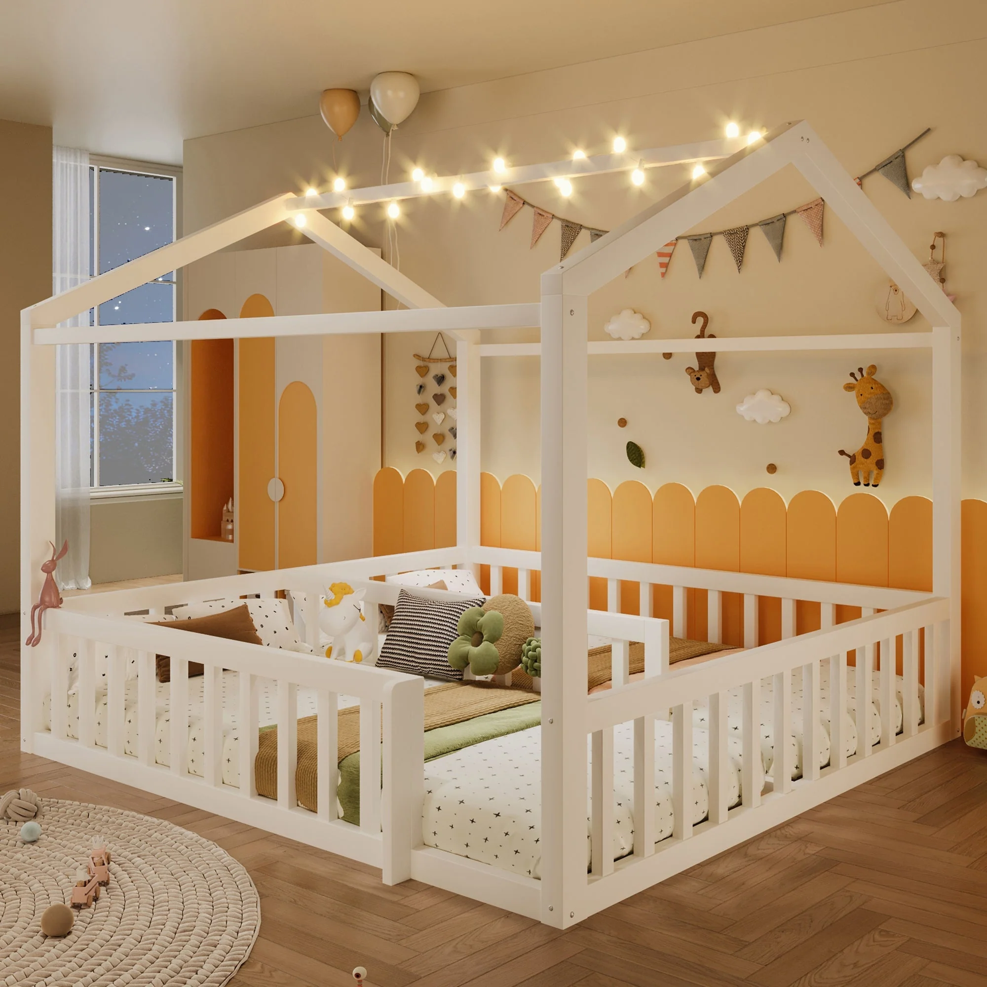 Flatbed Convertible Children's Bed 90x190cm to 180x190cm House Rail LED Lights Pine Wood White - Image 3