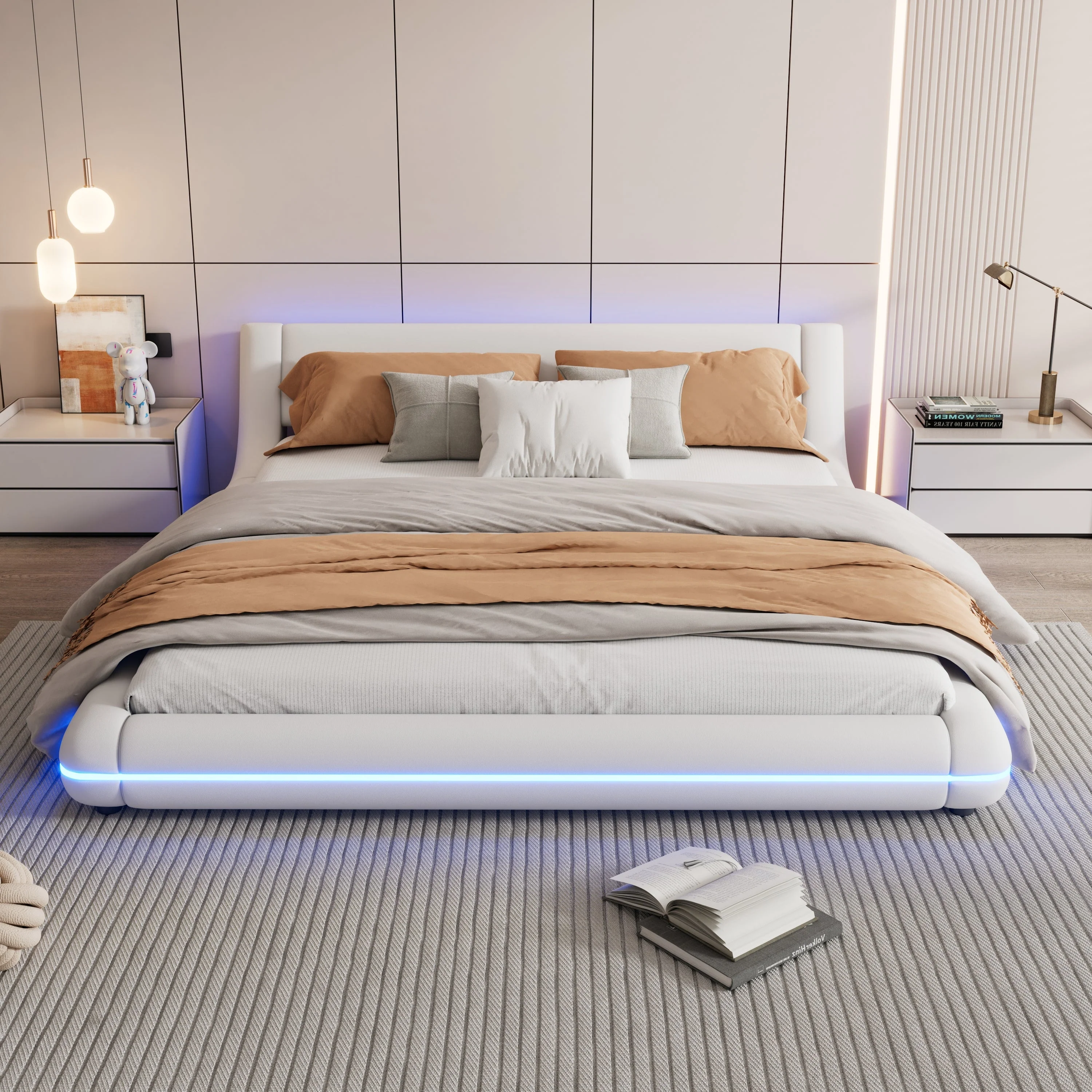 Flatbed Floor Bed 160x200cm LED Ambient Light PU White - Image 2